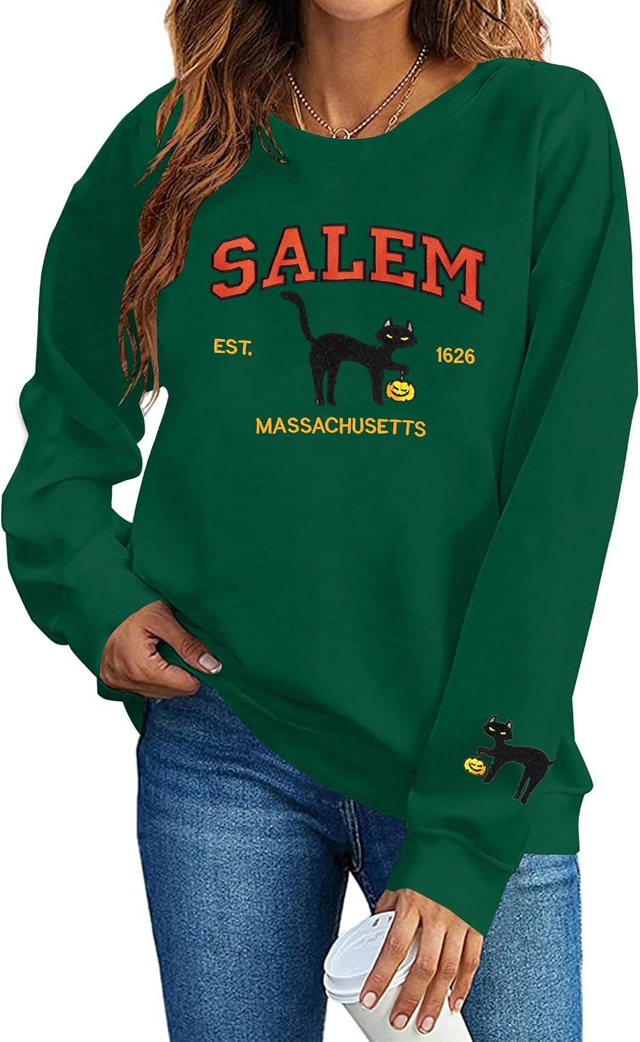 LOTUCY Halloween Sweatshirts Women Oversized Salem Massachusetts Shirts Lightweight Witch Shirt Fall Holiday Tops