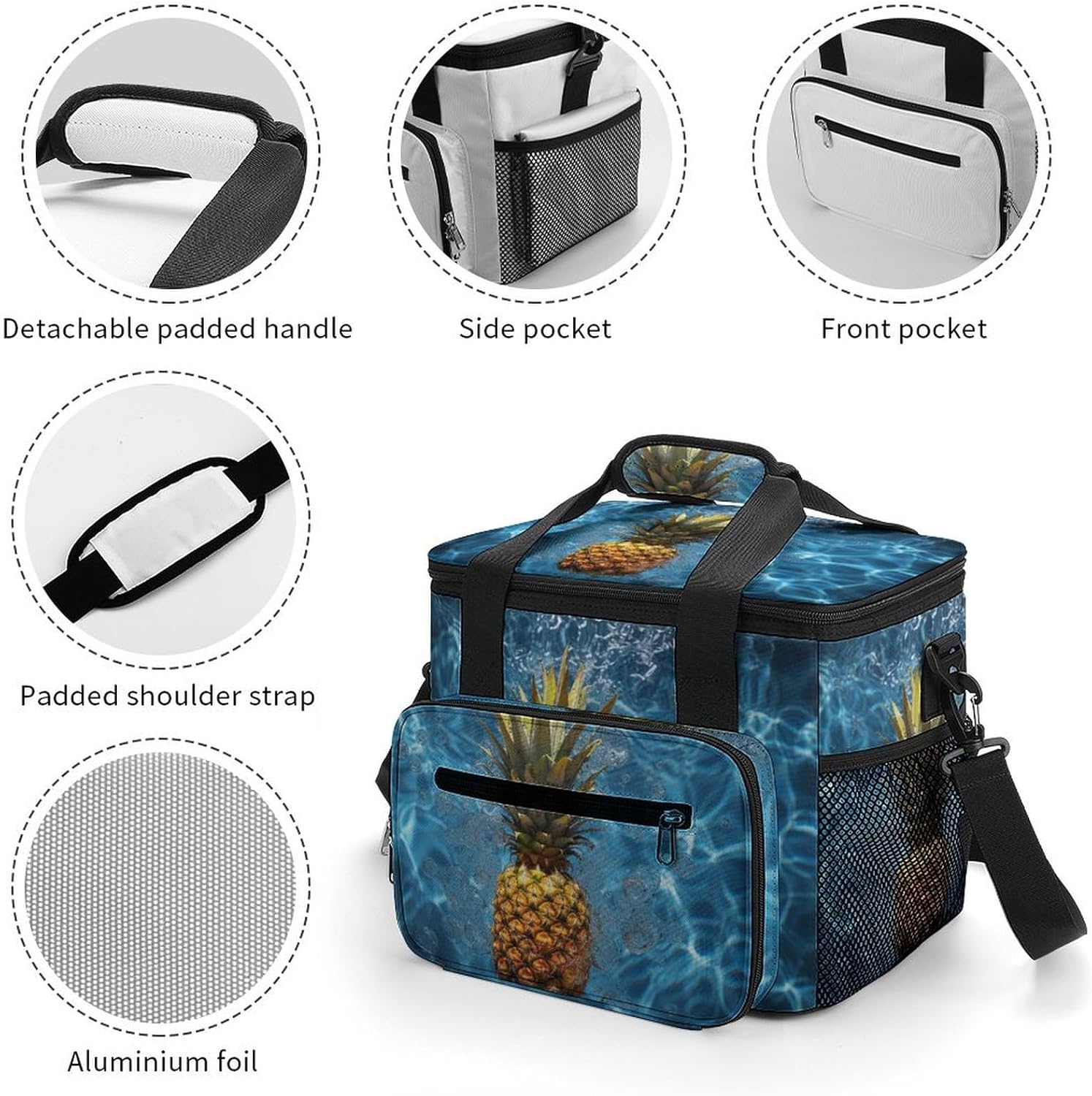 Large-Capacity Oxford Cloth Pineapple in The Pool Printed Camping Ice Bag, Outdoor Portable Insulation and Cold Storage Bag, Enjoy A Cool Camping Time