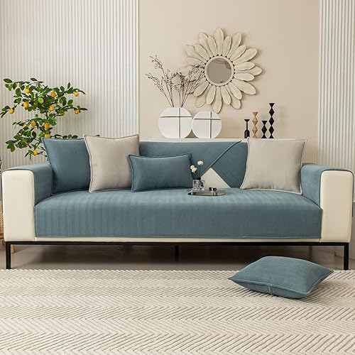 Miniatura 9 de vctops Funda de sofá con diseño de rayas cheurón estilo granja, protector de muebles de color liso, funda de sofá suave antideslizante para perros,