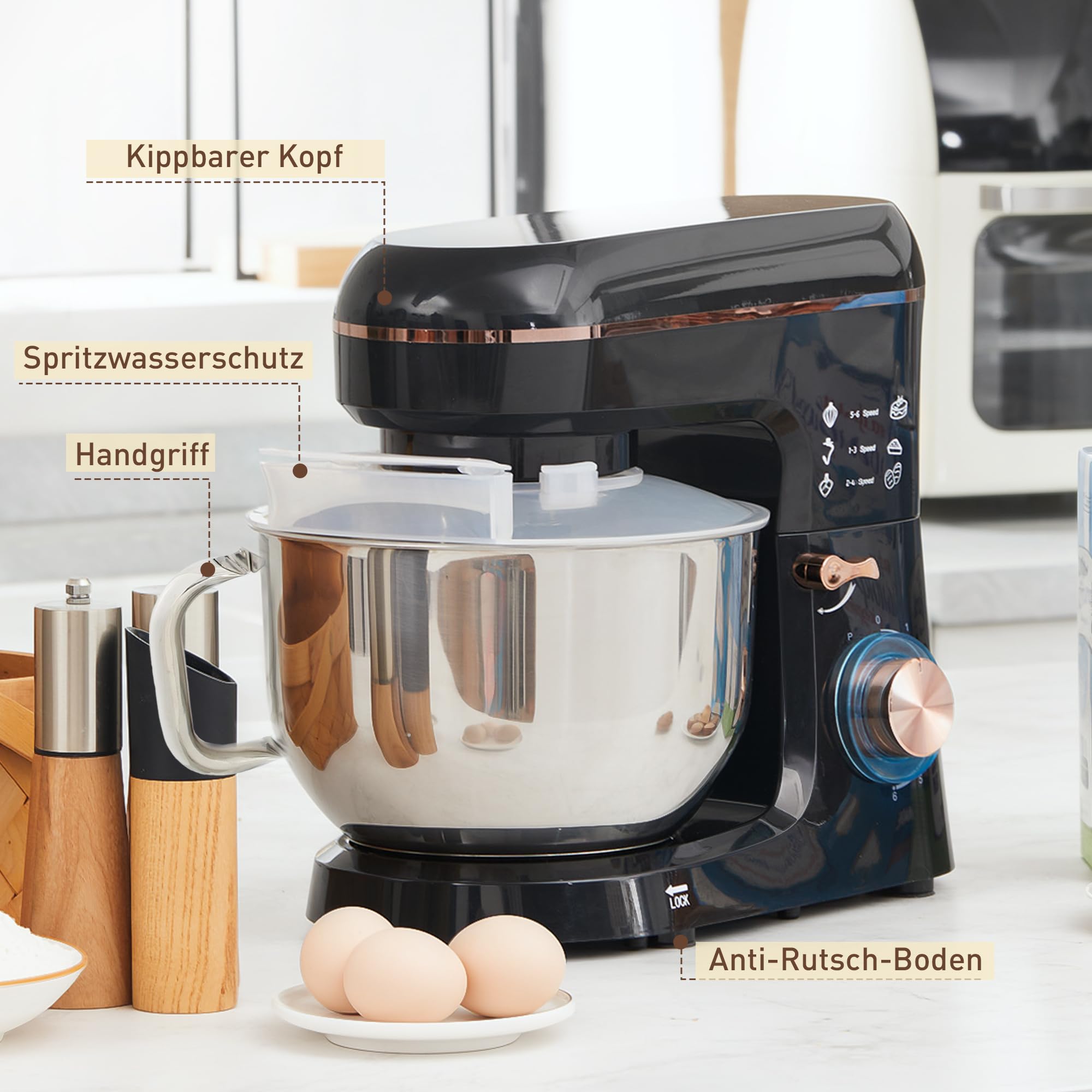 HOMCOM Robot de cocina de 1400 W con velocidad de 6 + P, amasadora con cuenco de acero inoxidable de 5,5 L, con gancho para amasar, protección contra salpicaduras, batidor, gancho para mezclar