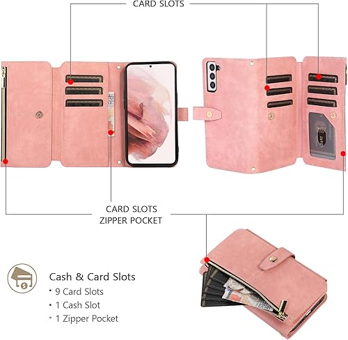 Miniatura 18 de UEEBAI Funda para Samsung Galaxy S21 FE 5G, 9 ranuras para tarjetas, cartera de cuero retro a prueba de golpes, con correa de mano, ranuras