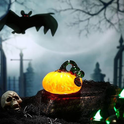 Miniatura 5 de Calabazas de vidrio de 4 pulgadas, 3 piezas de decoración de calabaza de vidrio soplado de Halloween, centro de mesa de otoño, decoración de figura