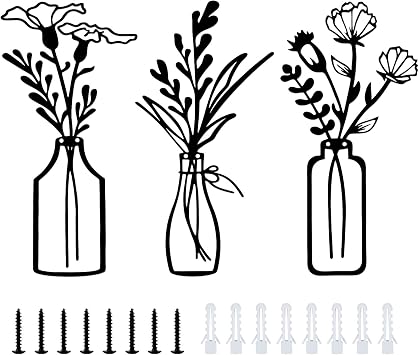 Diakey 3 Pieces Metal Flowers Wall Art, Rustic Farmhouse Minimalist Floral Vase Wall Decor for Bathroom Living Room Bedroom Dining Room Kitchen Home Office, Black A