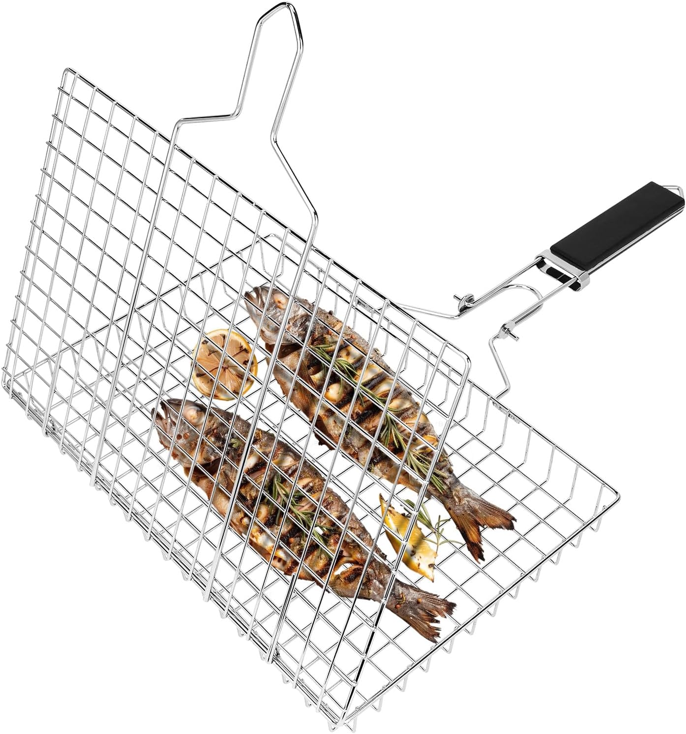 Linkidea Square Portable BBQ Grill Basket, Stainless Steel Fish Barbecue Accessories with Removable Secure Locking Handle, Picnic Grill Rack for Outdoor Cooking Vegetables Fishes Shrimp