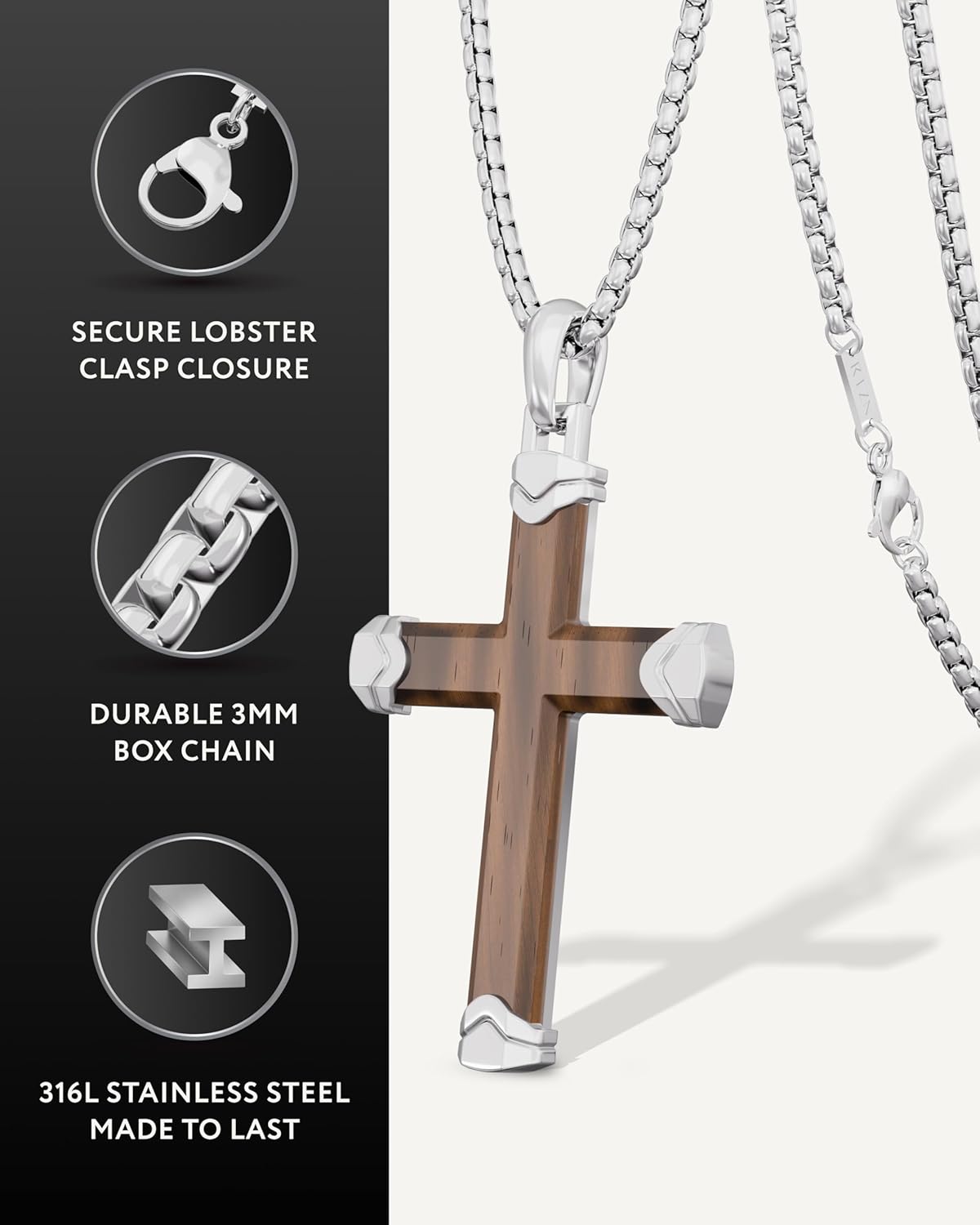 RTZN® Wooden Cross Necklace for Men – Premium Handcrafted Natural Ebony/Bubinga Mens Wood Cross Necklace Pendant with 3mm Stainless Steel Box Chain 22" + 2" Inch