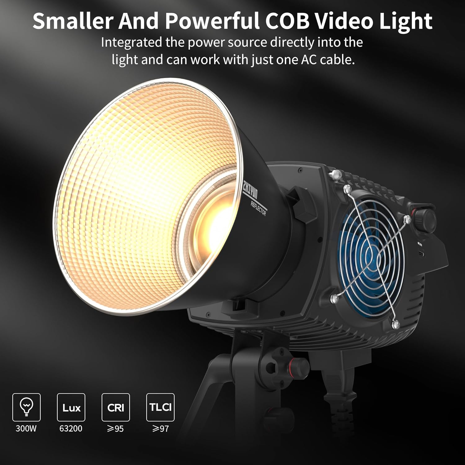 ZHIYUN MOLUS B300 300W COB LED Video Light and K1 Cable Remote Controller 2700K-6500K CRI 95+ TLCI 97+ 63200 Lux/1M Silent Continuous Output Lighting for Photography Studio Film Light