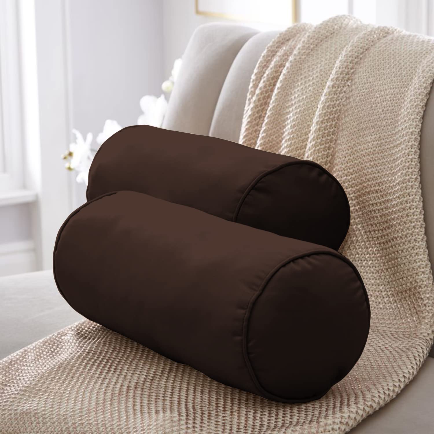 ANICOZ Velvet Round Diwan Pillow Set Soft & Shiny Bolster Pillow, 24 X