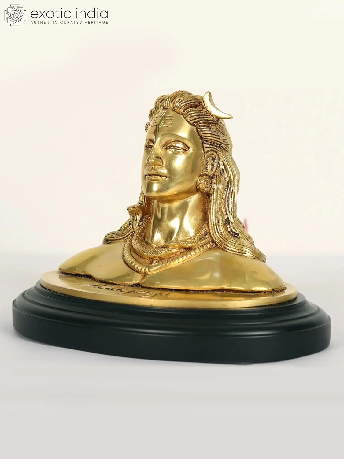 Exotic India 8" Adiyogi Shiva Bust Brass Statue on Wood Base | Lord Shiva Adiyogi for Puja Mandir Room, Temple Home Décor, Maha Shivratri, Table Décor
