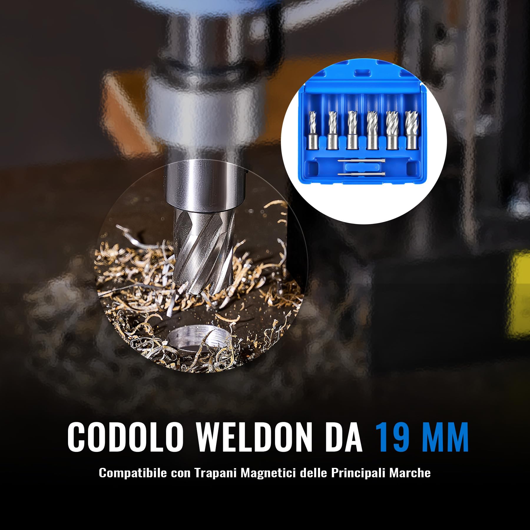ZELCAN Zestaw wierteł rdzeniowych HSS z trzonkiem Weldon (3/4"), głębokość cięcia 30 mm, zawiera 6 wierteł rdzeniowych 12, 14, 16, 18, 20, 22 mm i 2 trzpienie wyrzutnika, 8-częściowy
