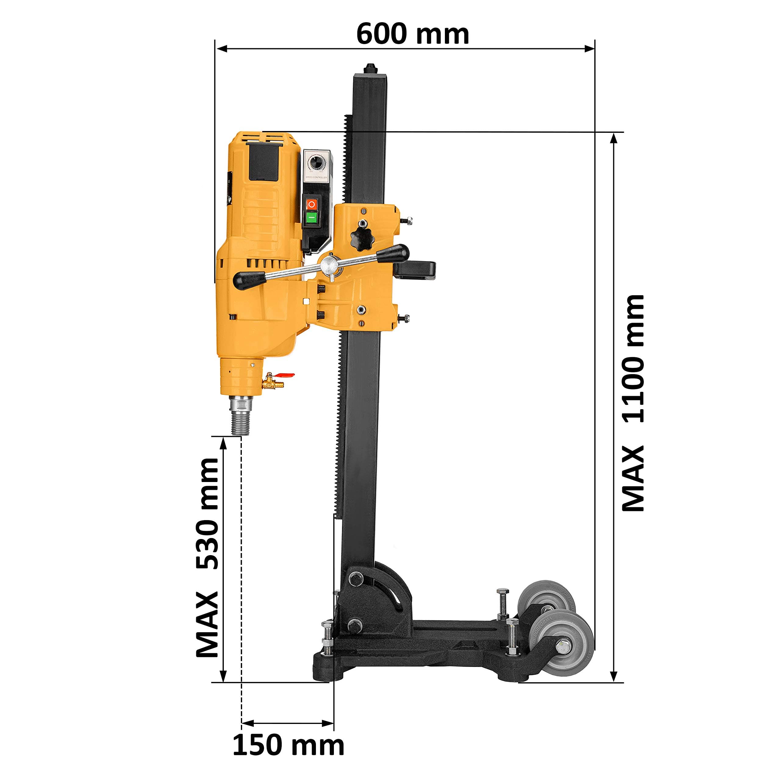 Kernbohrgerät 3950 W an neigbarem Kernbohrständer mit Transportrollen - Diamant Kernbohrmaschine 580 U/min – 230 V mit PRCD-Schutzschalter