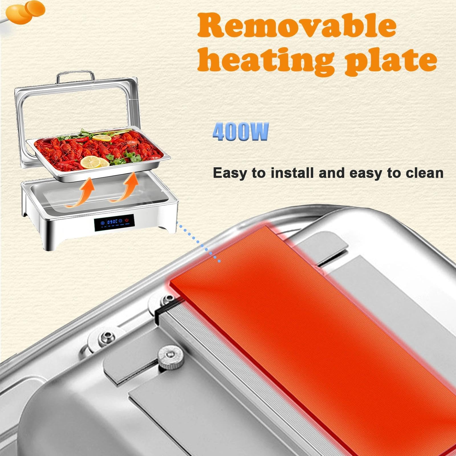 Chafing Dish Eléctrico 9L, Calentador de Buffet Electrico con Toque Inteligente, Acero Inoxidable Calentador de Comida con Tapa Visible para Fiesta, Temperatura Regulable 0-90℃(1/2)