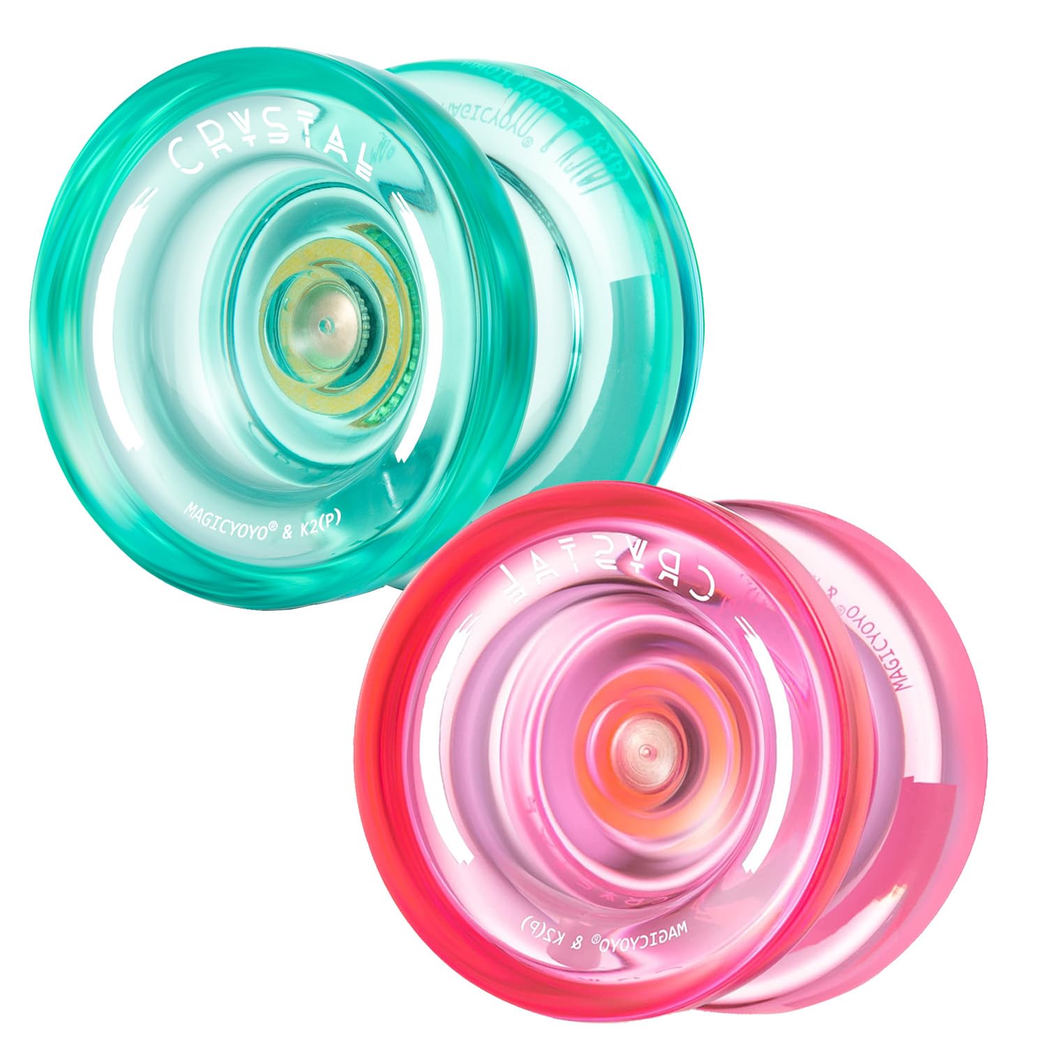 MAGICYOYO K2 Crystal Responsive Yoyos for Kids Beginner Pack of 2, Dual Purpose Yoyo, Replacement Unresponsive Bearing for Intermediate Advanced, 12 Yoyo Strings 2 Bags,Bearing Remover, Green+Pink