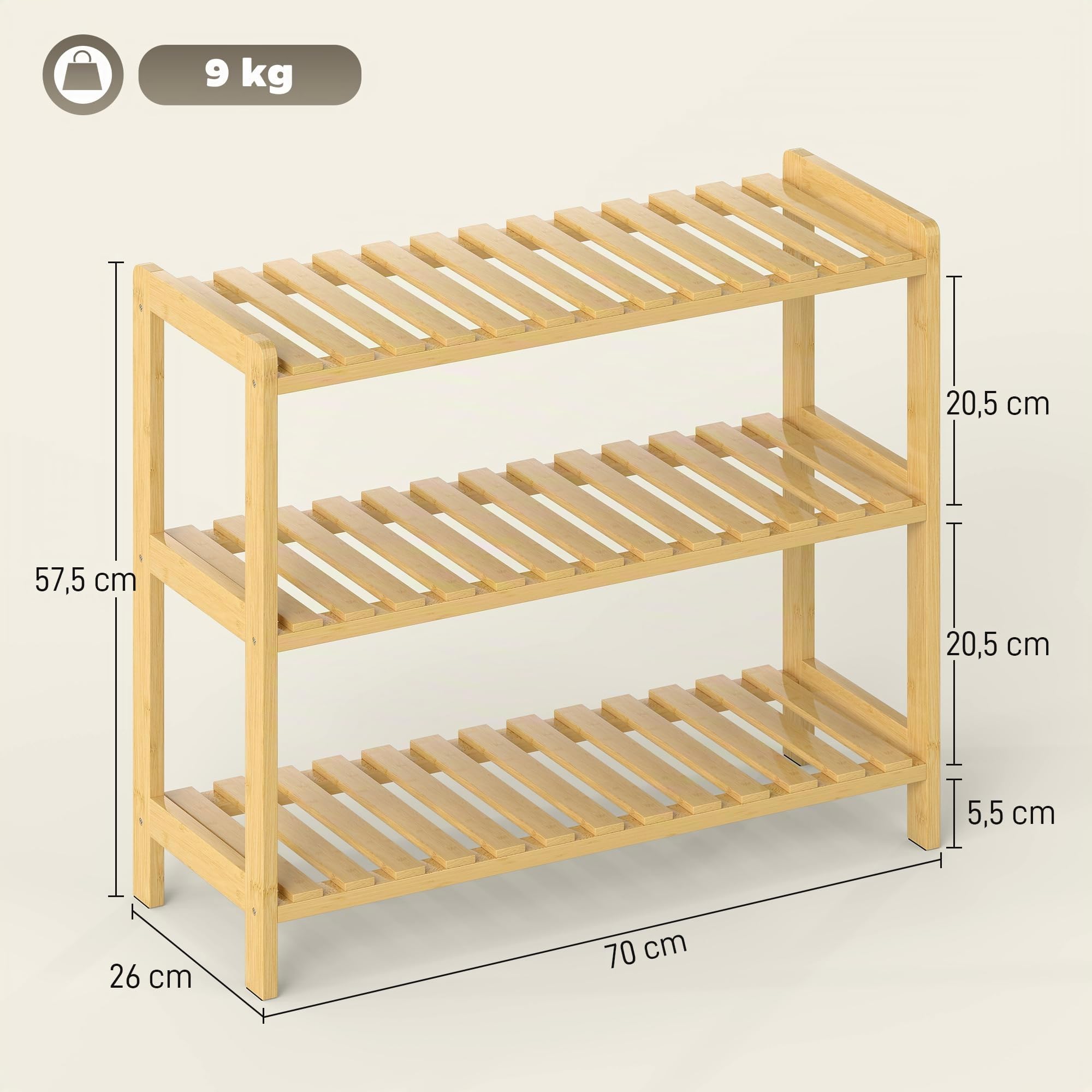 HOMCOM Zapatero de 3 Niveles de Bambú para 9 Pares 70x26x57,5 cm Natural | Estantería de Zapatos, para Entrada, Pasillo, Dormitorio