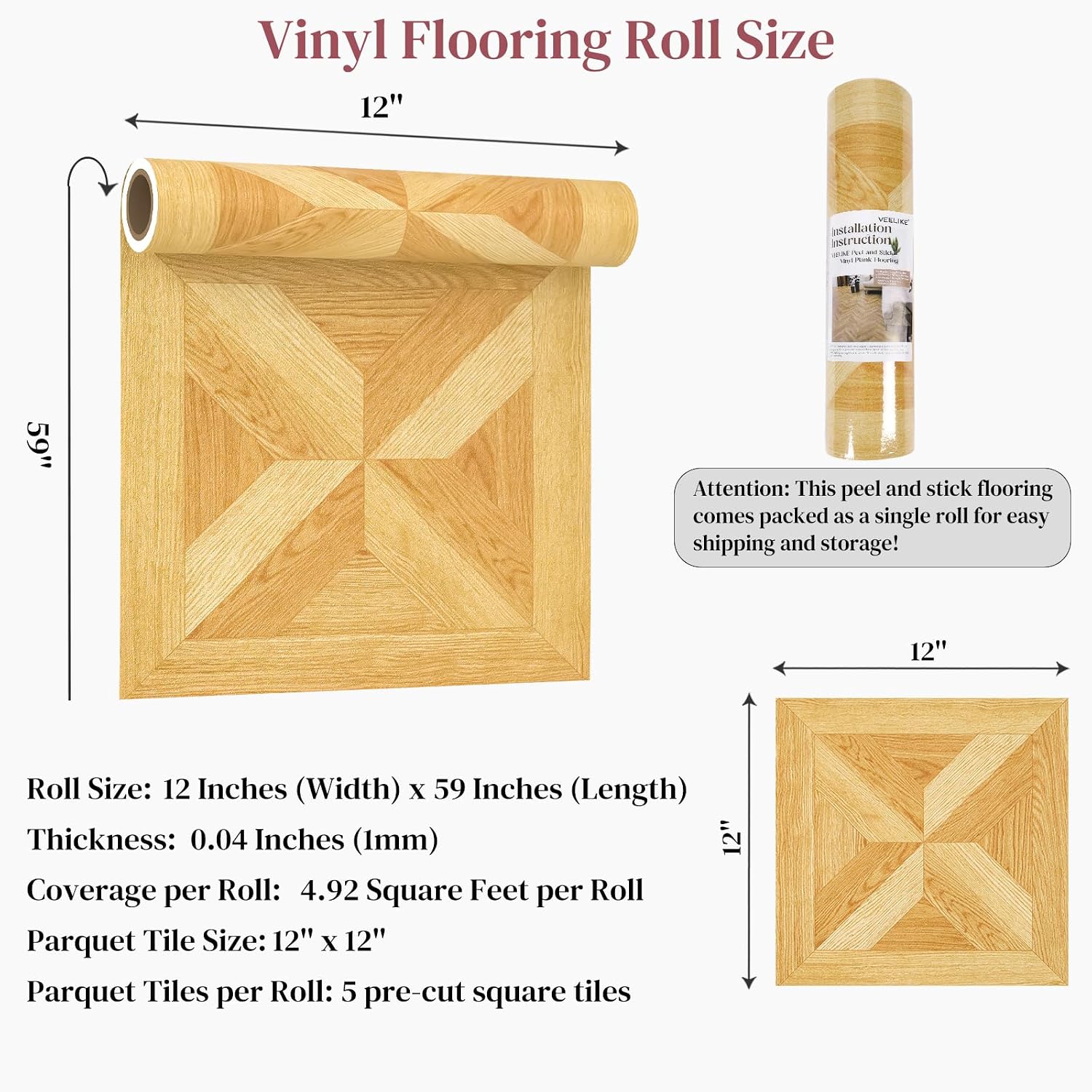 VEELIKE Light Oak Parquet Peel and Stick Floor Tile Roll Waterproof Wood Grain Vinyl Flooring 12'' x 59'' Self Adhesive Vinyl Laminate Flooring Roll for Kitchen Bathroom Renter Friendly Floor Tiles