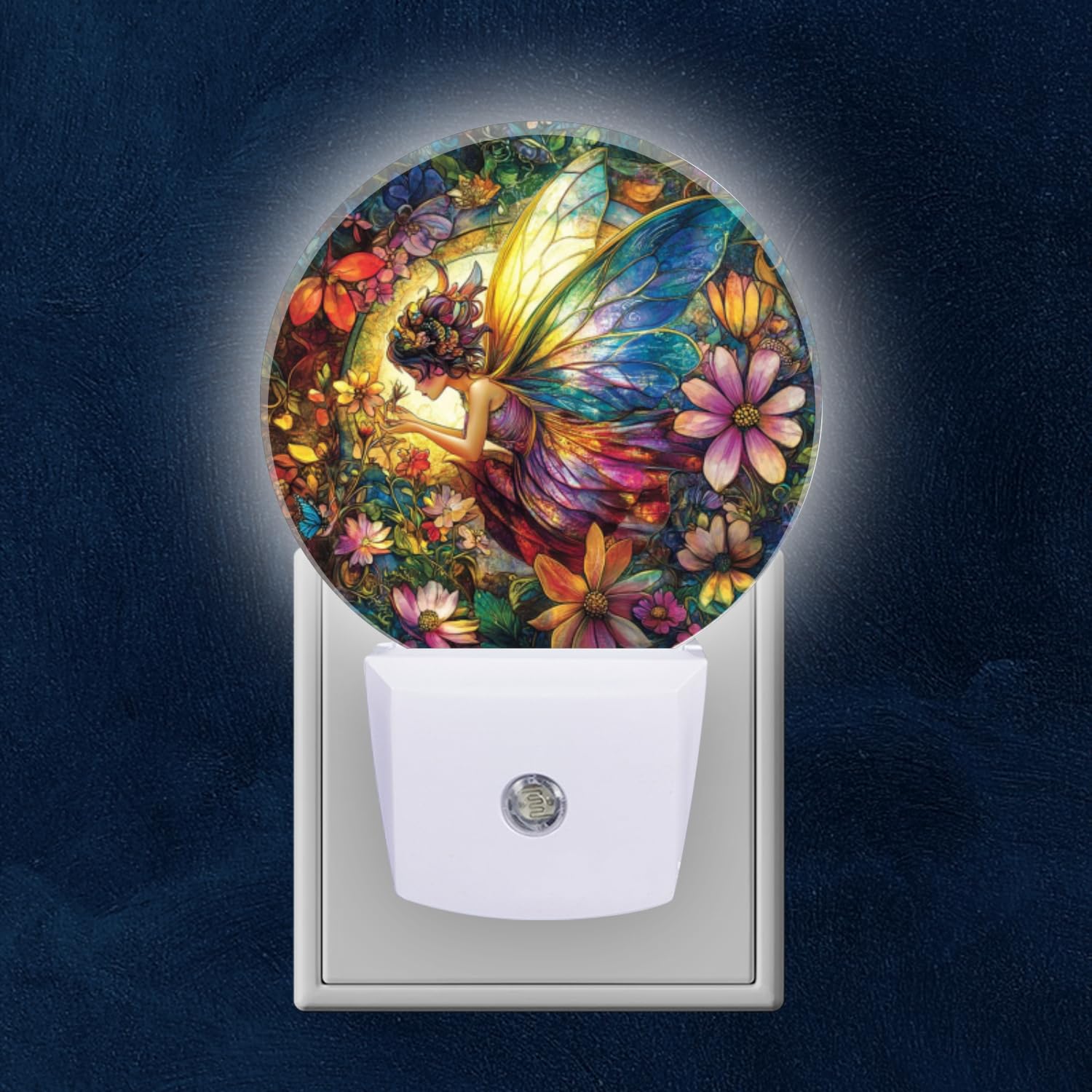 Mearafois Round LED Night Lights Lamp with Dusk to Dawn Sensor Fairy with Colorful Wings is Flying in