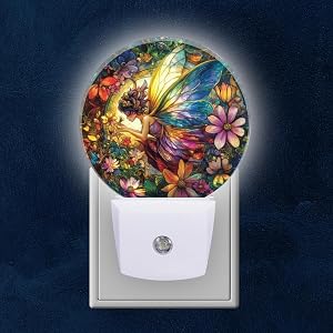 Mearafois Round LED Night Lights Lamp with Dusk to Dawn Sensor Fairy with Colorful Wings is Flying in