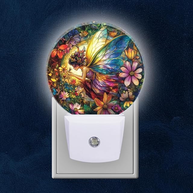 Mearafois Round LED Night Lights Lamp with Dusk to Dawn Sensor Fairy with Colorful Wings is Flying in