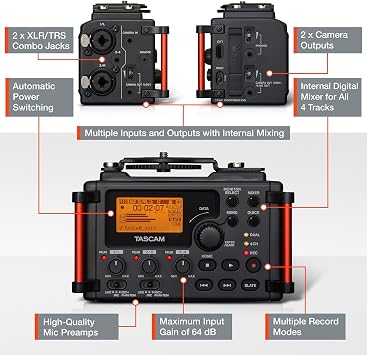 TASCAM 4-Channel Portable Audio Recorder for Videographers, 2 Combo XLR/TRS, Dual 3.5mm Inputs, Limiter, HP Filter (DR-60DmkII)