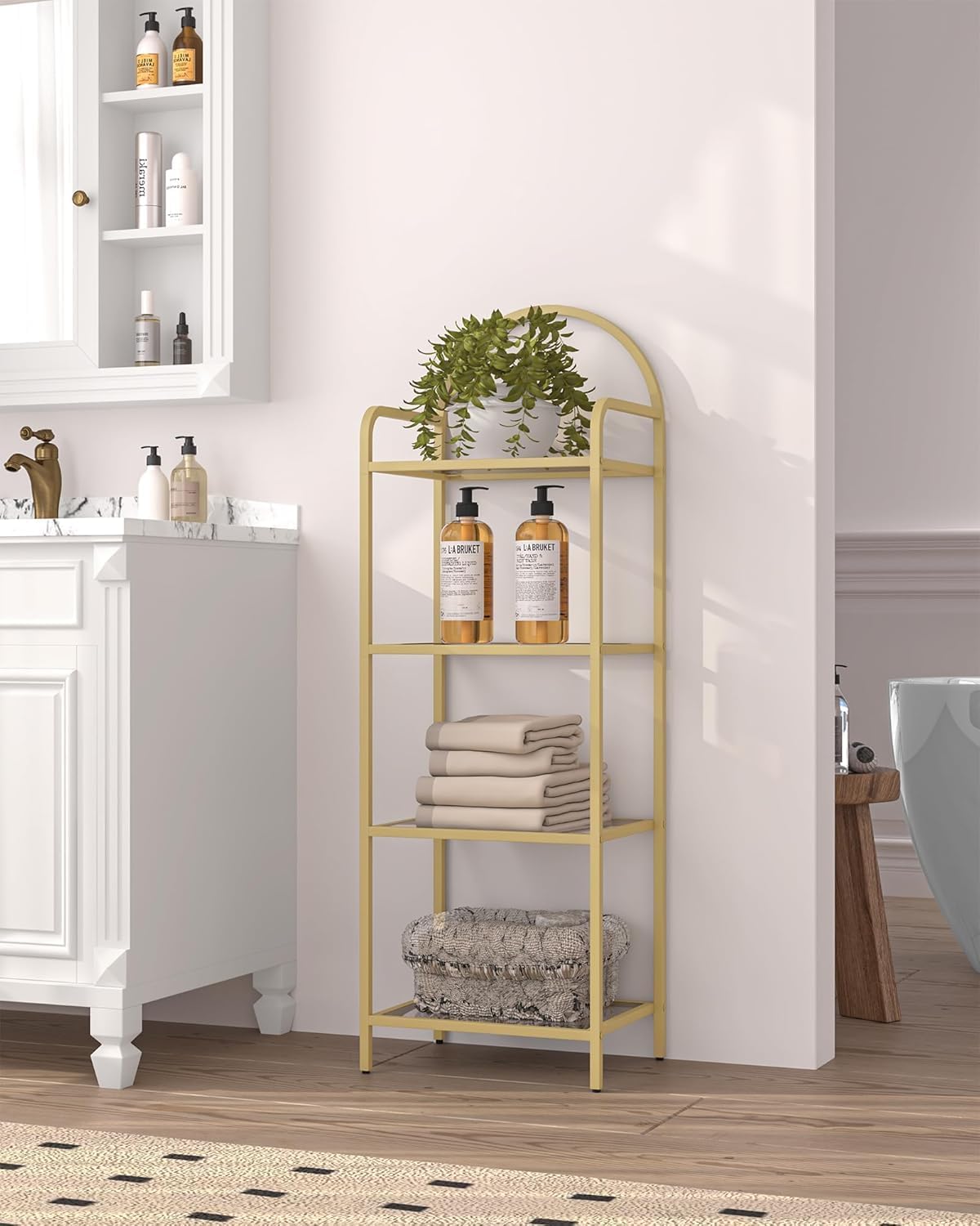 Bookcase Bookshelf, Tempered Glass Bookshelves, Slim Shelving Unit for Bedroom, Bathroom, Home Office, Steel Frame, 4 Tier Gold BC04001G - Image 7