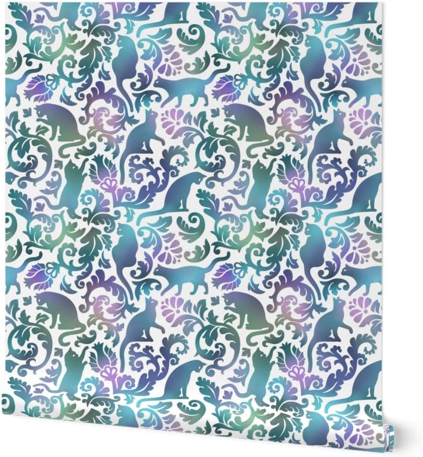 Peel & Stick Wallpaper Swatch - Cats Garden Blue Purple White Background Flower Green Floral Cat Damask Ornament Watercolor Kitty Custom Removable Wallpaper by Spoonflower