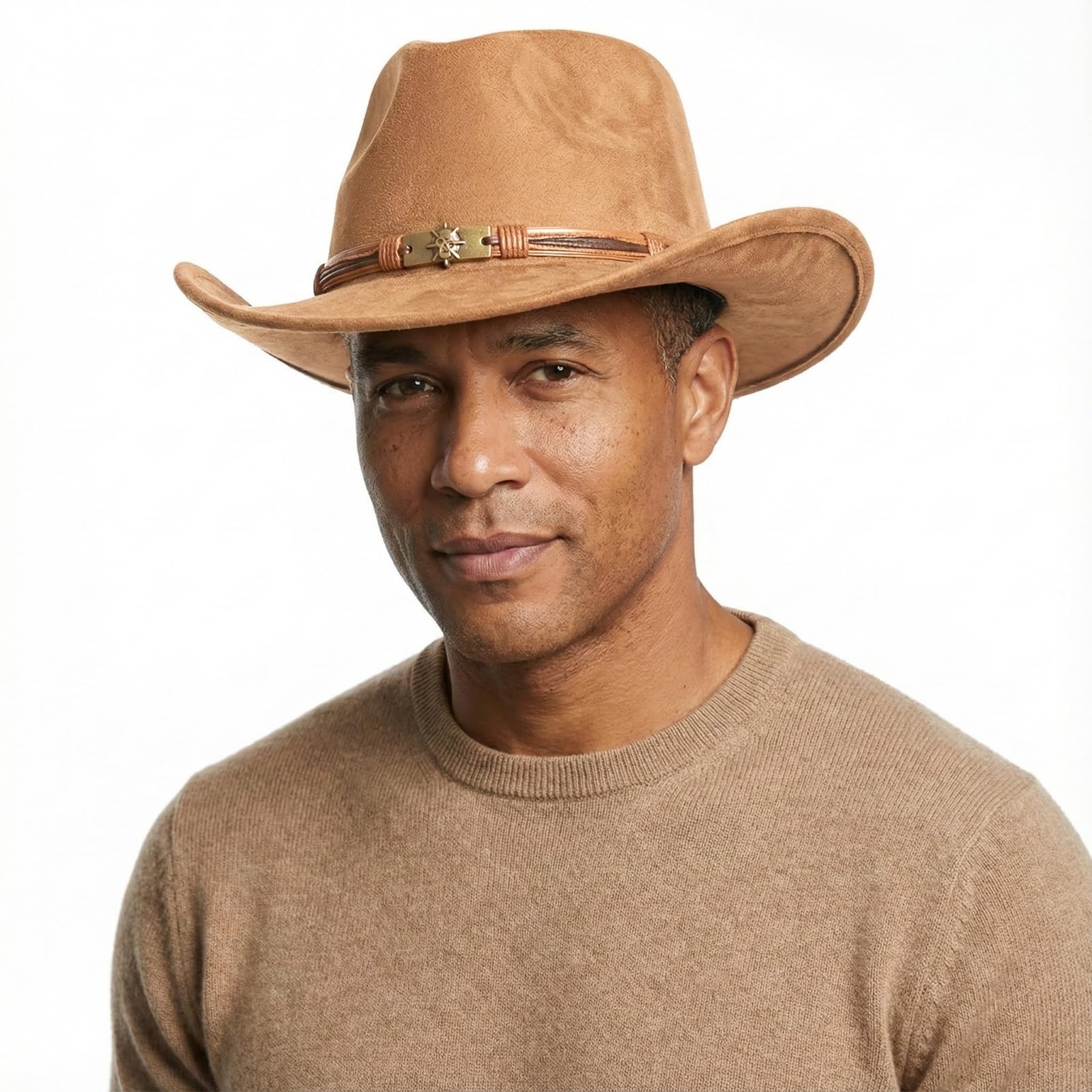 HIQIU Breite Krempe Wildlederimitat Cowboyhut Damen Herren Westernhut | Vintage Cowboy Hut Unisex, Ethnischer Stil Cowgirl-Hut mit Seildekoration