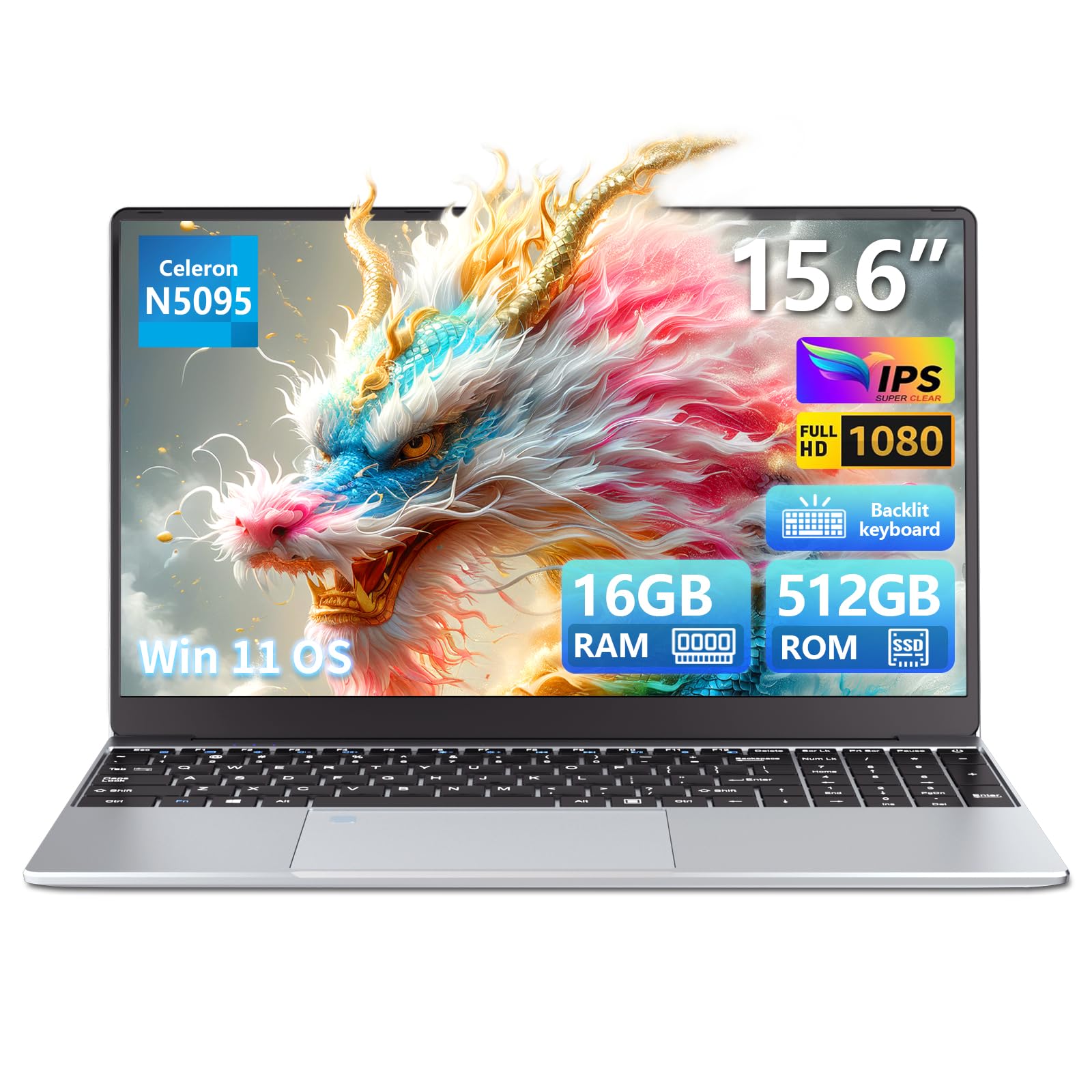 PC Portatile 15,6 Pollici, Win 11 Notebook 16Go LPDDR4 RAM 512Go SSD, Celeron N5095 CPU, 180° Flip IPS Schermo, Laptop Digitale Tastiera Retroilluminata/Sblocco Impronta Digitale, Webcam+BT4.2+USB3.0