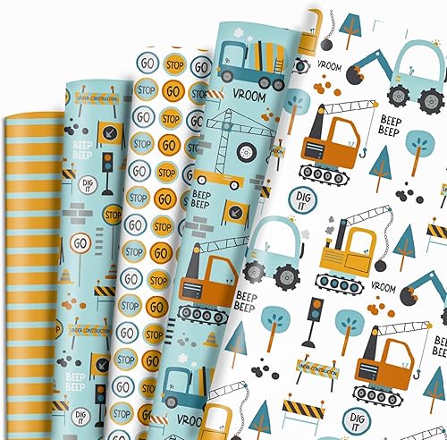 Dtiafu Papel de regalo de construcción, papel de regalo de cumpleaños, plegado plano con patrones de señales de tráfico de camión tractor para