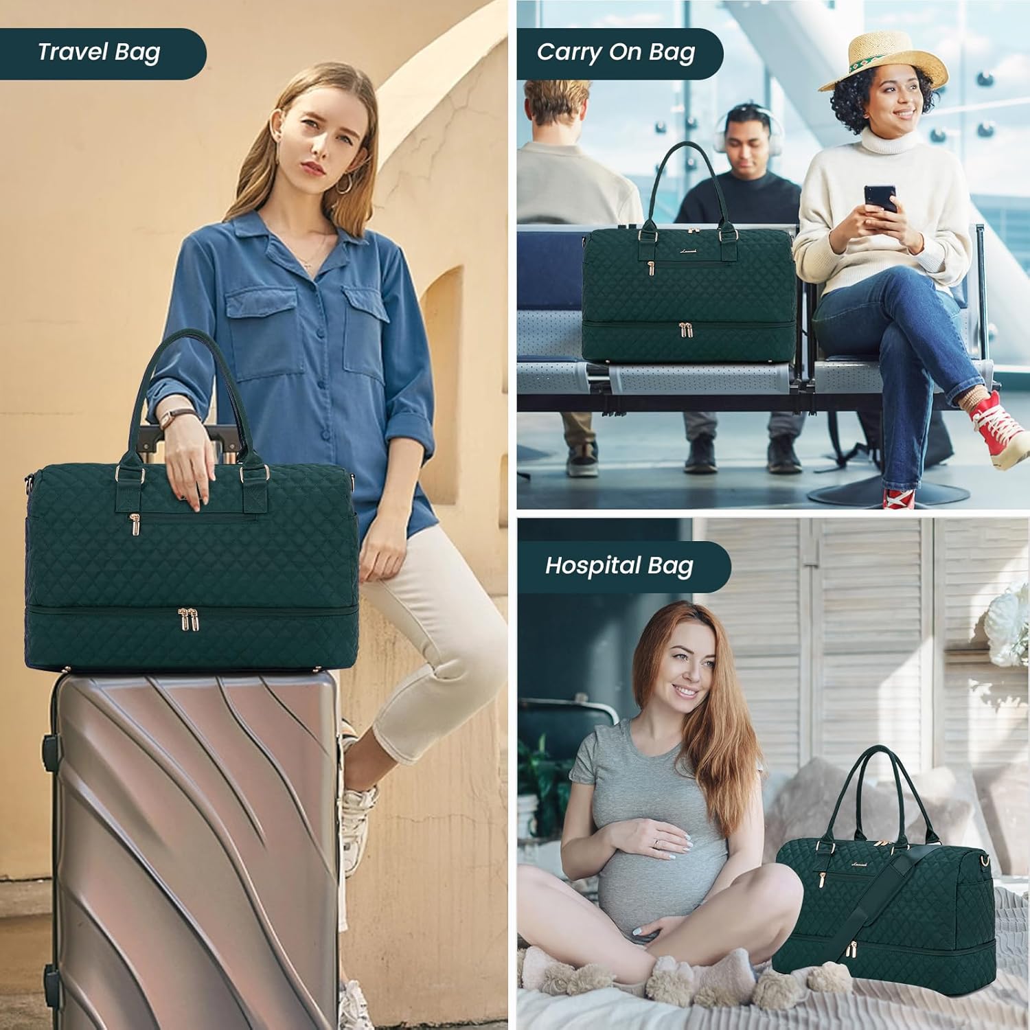 LOVEVOOK Travel Duffle Bag for Women, Weekender Overnight Bag with Shoe Compartment, Carry on Bag with Toiletry Bag, Gym Duffel Bag with Wet Pocket, Hospital Bags for Labor and Delivery 3 Pcs Set - Image 6