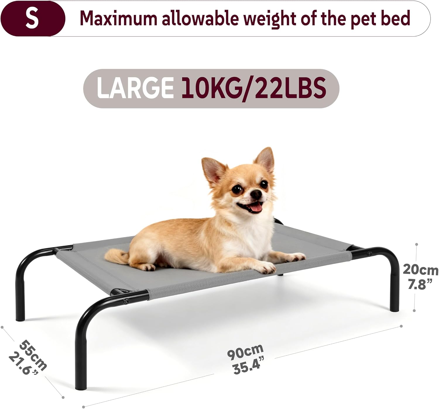 Elevated Dog Bed with Breathable Mesh Fabric, Raised Pet Cot with Airflow and Support, Durable and Easy to Clean (Grey, Small)