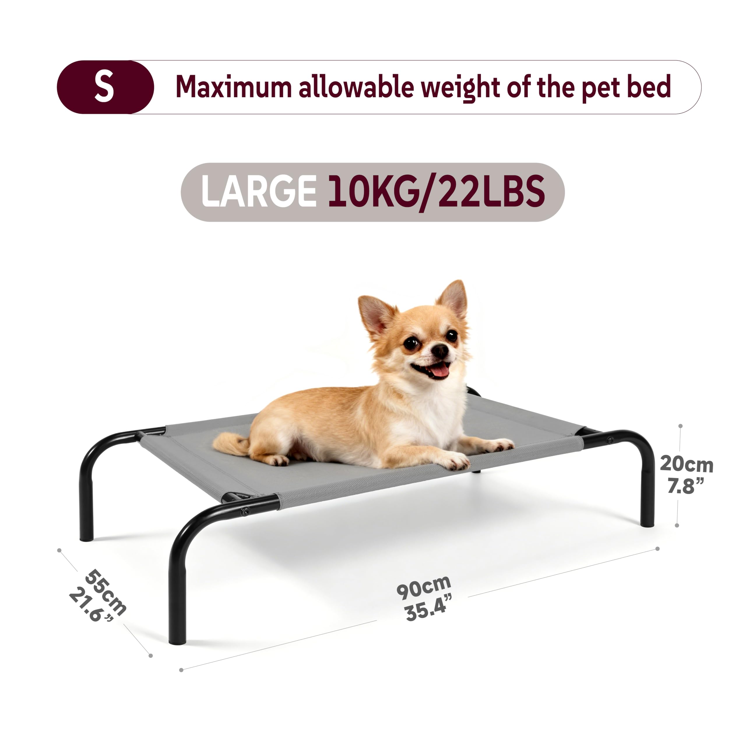 OUTSIDER Cama elevada para perros cama elevada para mascotas con cama fría transpirable y lavable para perros grandes, medianos y pequeños, marco de acero estable que soporta hasta 10 kg, S, (90 x 55