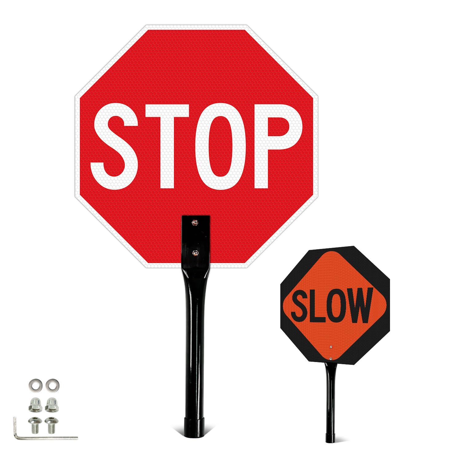 T&R (1 Pack) Stop Slow Sign with Handle, 13 x 13 Inches Double Sided Stop/Slow Traffic Sign, Rust Free Aluminum Reflective, Weather Resistant,