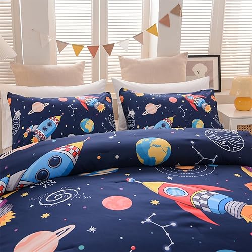 Miniatura 3 de Aimuan Juego de edredón tamaño individual para niños, juego de ropa de cama de cohete espacial súper suave y lindo estampado de ovnis de