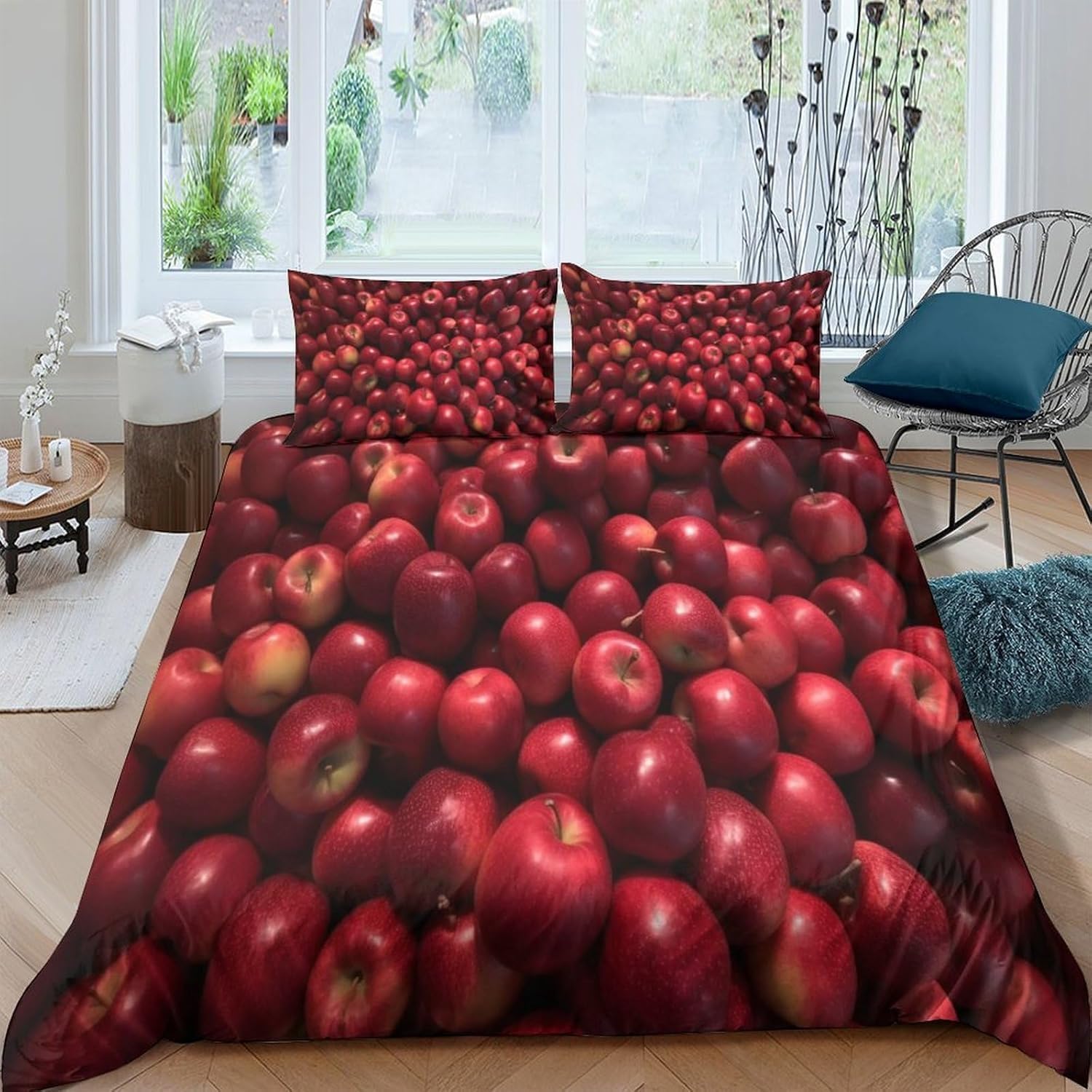 Komplet pościeli 220 x 240 cm, czerwone jabłko, miękka pościel z mikrofibry, druk 3D, owoce, 3-częściowy, poszwa na kołdrę z zamkiem błyskawicznym i 2 poszewki na poduszkę 80 x 80 cm, f.4392