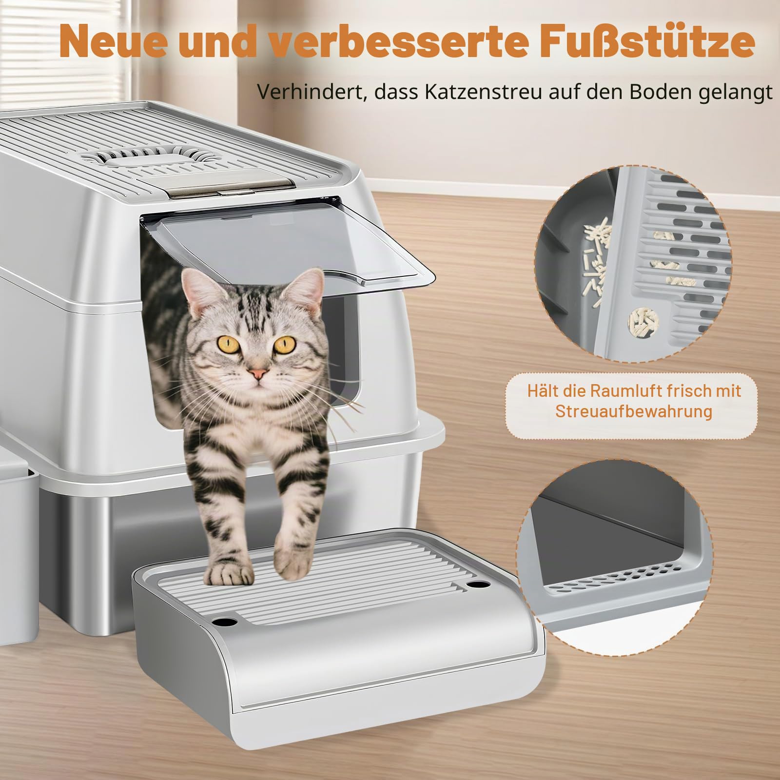 Edelstahl Katzenklo XXL 37L – Geschlossene Katzentoilette für große Katzen, mit 120° Klappdeckel, Trittstufe und Schaufel, geruchsarm, auslaufsicher, leicht zu reinigen, Cremegrau