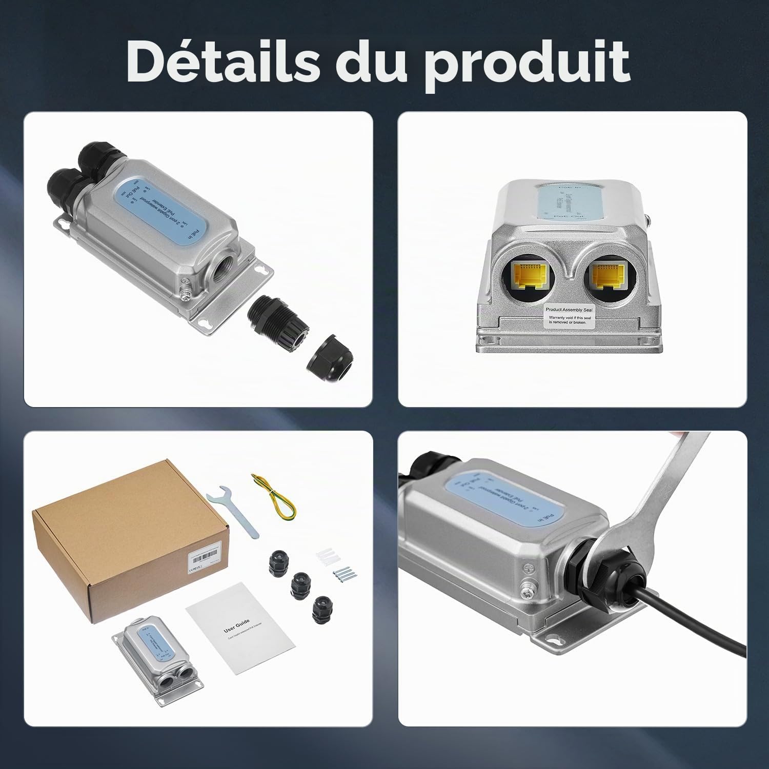 Binardat Commutateur de passage PoE Gigabit extérieur, 1 PoE in 2 PoE Out Extender, IEEE802.3af/at/bt PoE alimenté 90 W, Ethernet 10/100/1000 Mbps, montage mural IP67 étanche Plug and Play