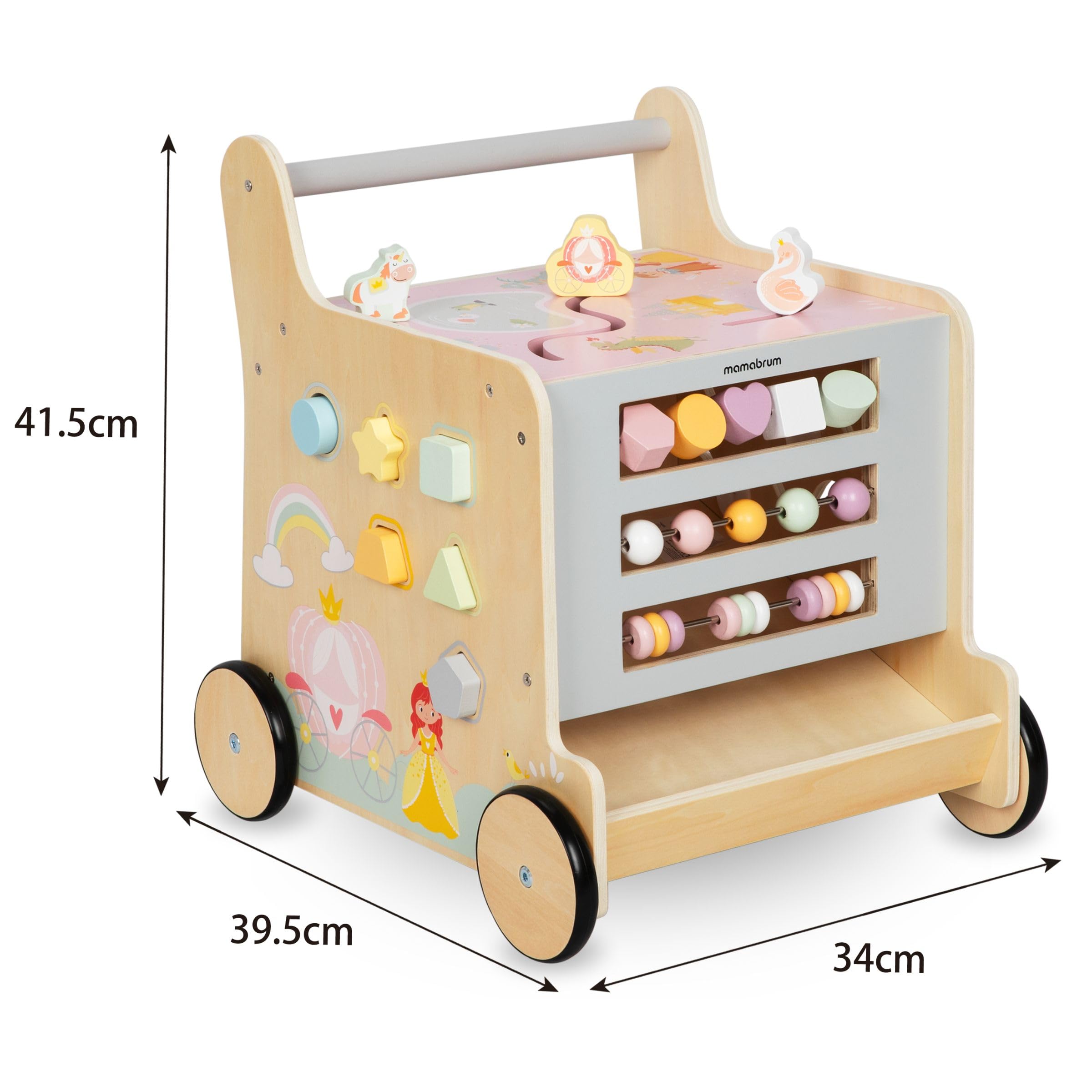 Mamabrum Girello in Legno per Bambini, Spingitore 2in1, Cubo Motore, Giocattolo per la Prima Educazione: Cavalcabile, Selezionatore, Labirinto, Abaco, Blocchi con Numeri, Cursore, Ruote Antiscivolo