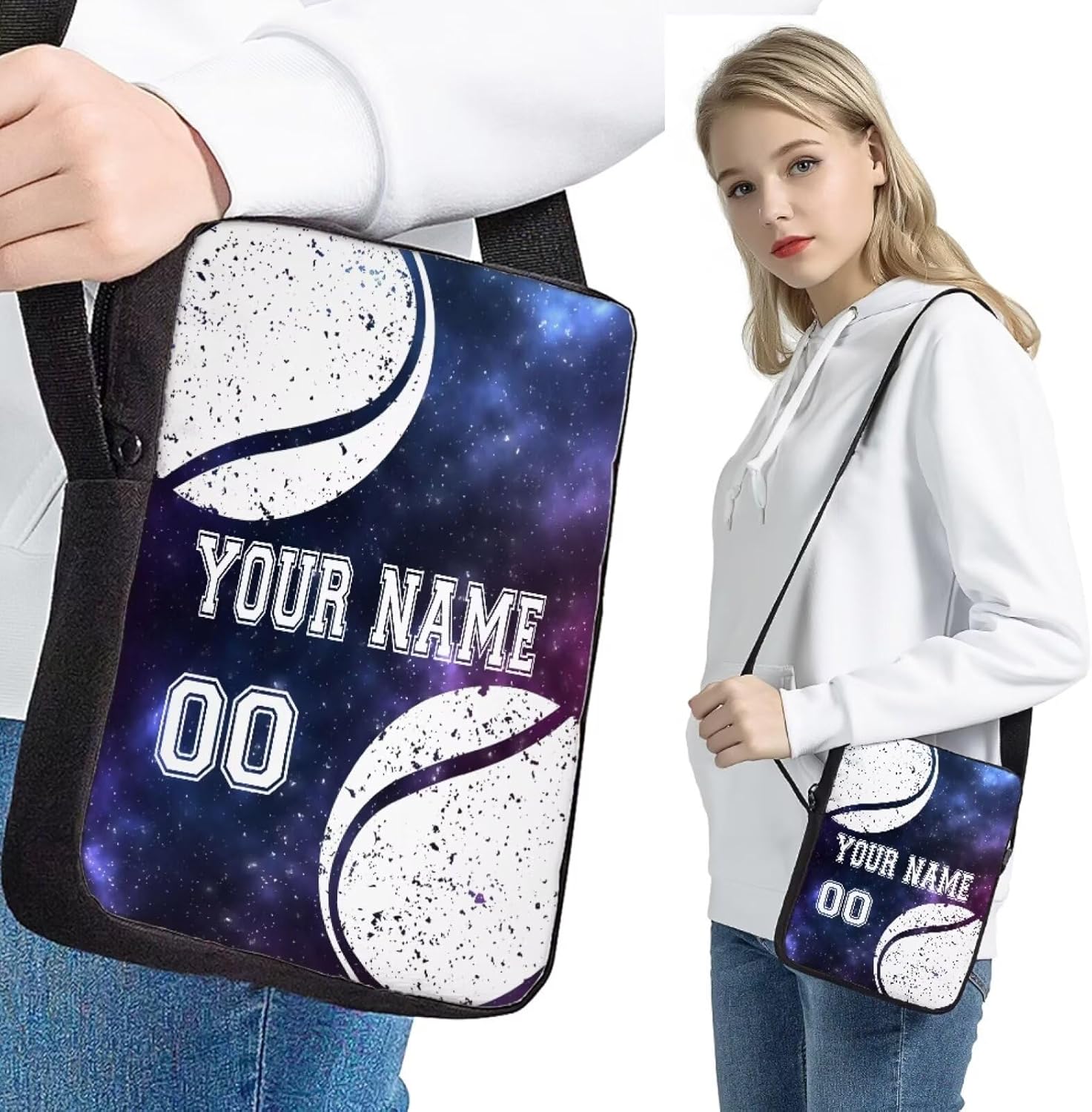 4PCS Womens Tennis Travel Bag Set, Custom Blue Galaxy Laptop Backpack Crossbody Bag Pencil Holder Insulated Lunch Bags for Travel Office Hiking Work Camping