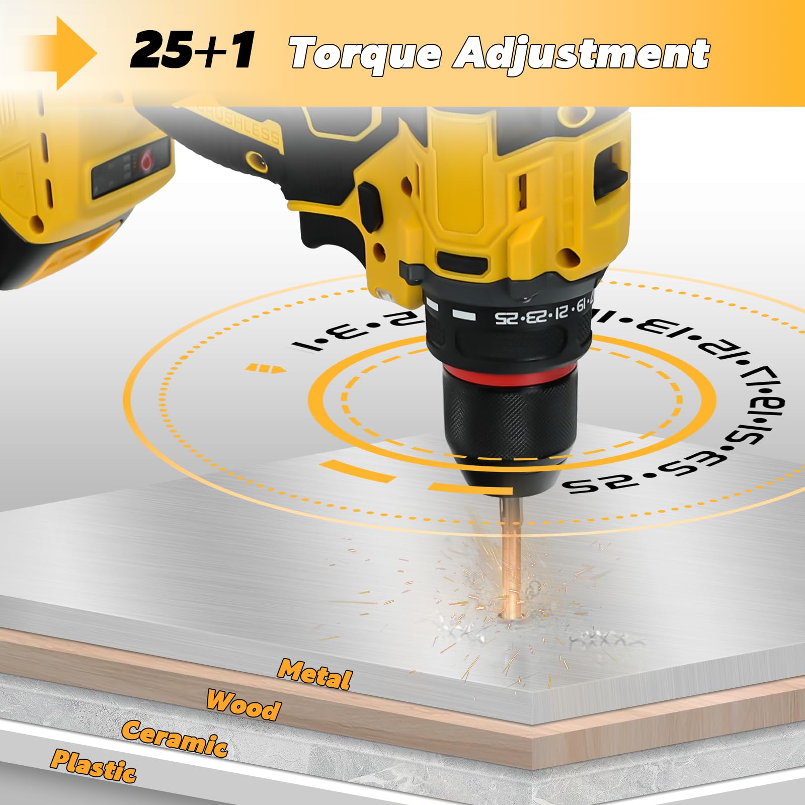 Cordless Drill Driver, Electric Drill for Dewalt 20V Battery, Brushless Drill Driver with 2 Variable Speeds, 25+1 Torque, 3/8