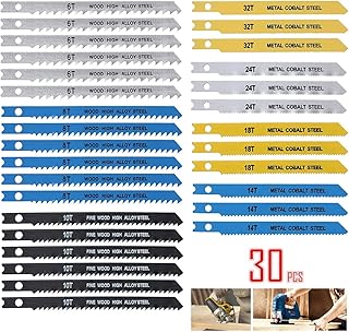 30/65Pcs 86/100mm Jig Saw Blade Set Carbon Steel 6/8/10/14/18/24/32TPI Assorted Saw Blades with U-Shank Fast Cut Down Jigsaw Blade for Wood Metal Plastic Cutting (30pcs)