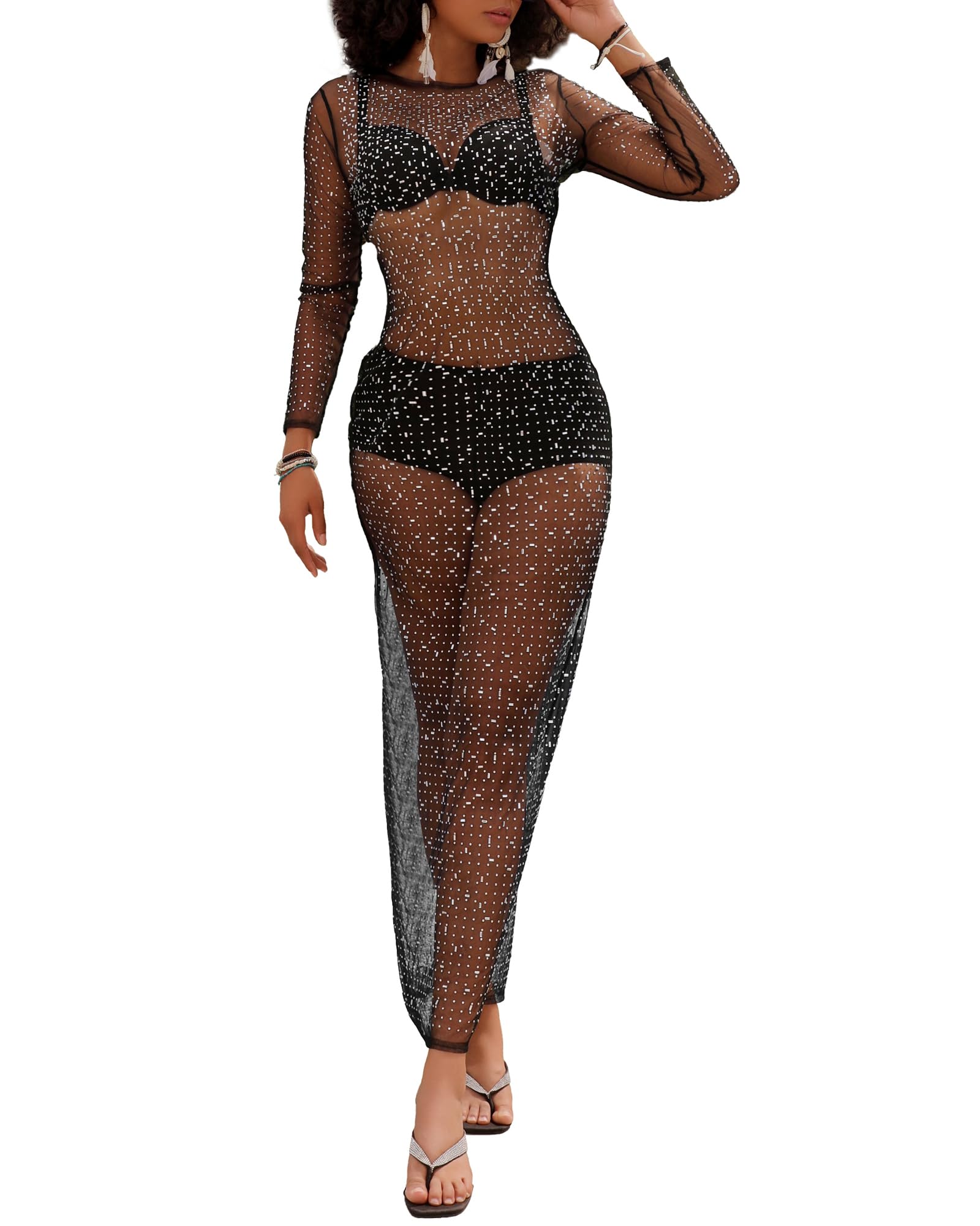 Bsubseach Maillots De Bain en Maille VoiléE pour Femmes Sexy Cover Ups Strass Cover Up Robe Long Bikini Maillot De Bain Coverups