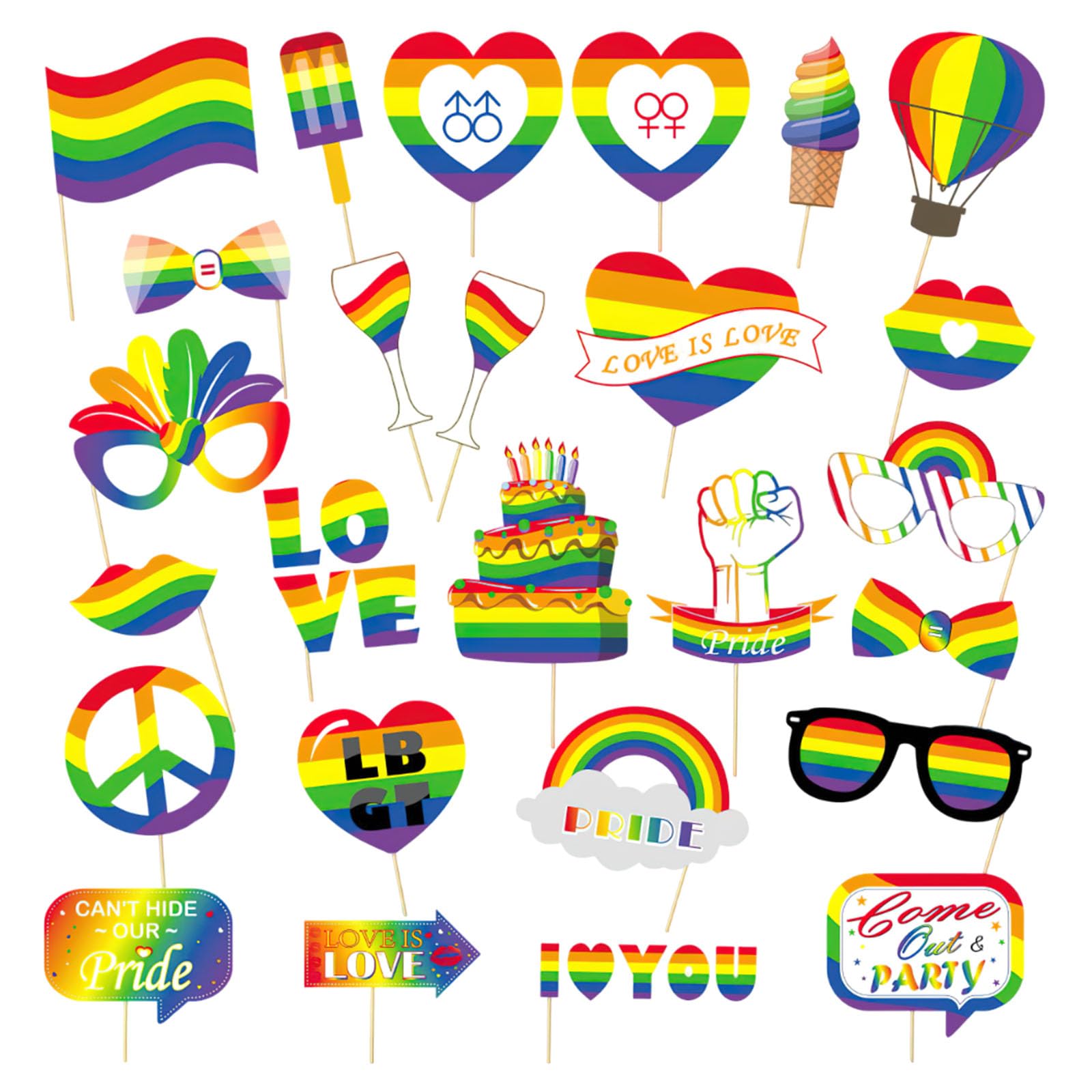 26 Pcs Pride Rainbow Photo Booth Props,Gay Pride LGBT Creative Backdrop Decoration Supplies Photography Selfie Props for Rainbow Party DIY Craft