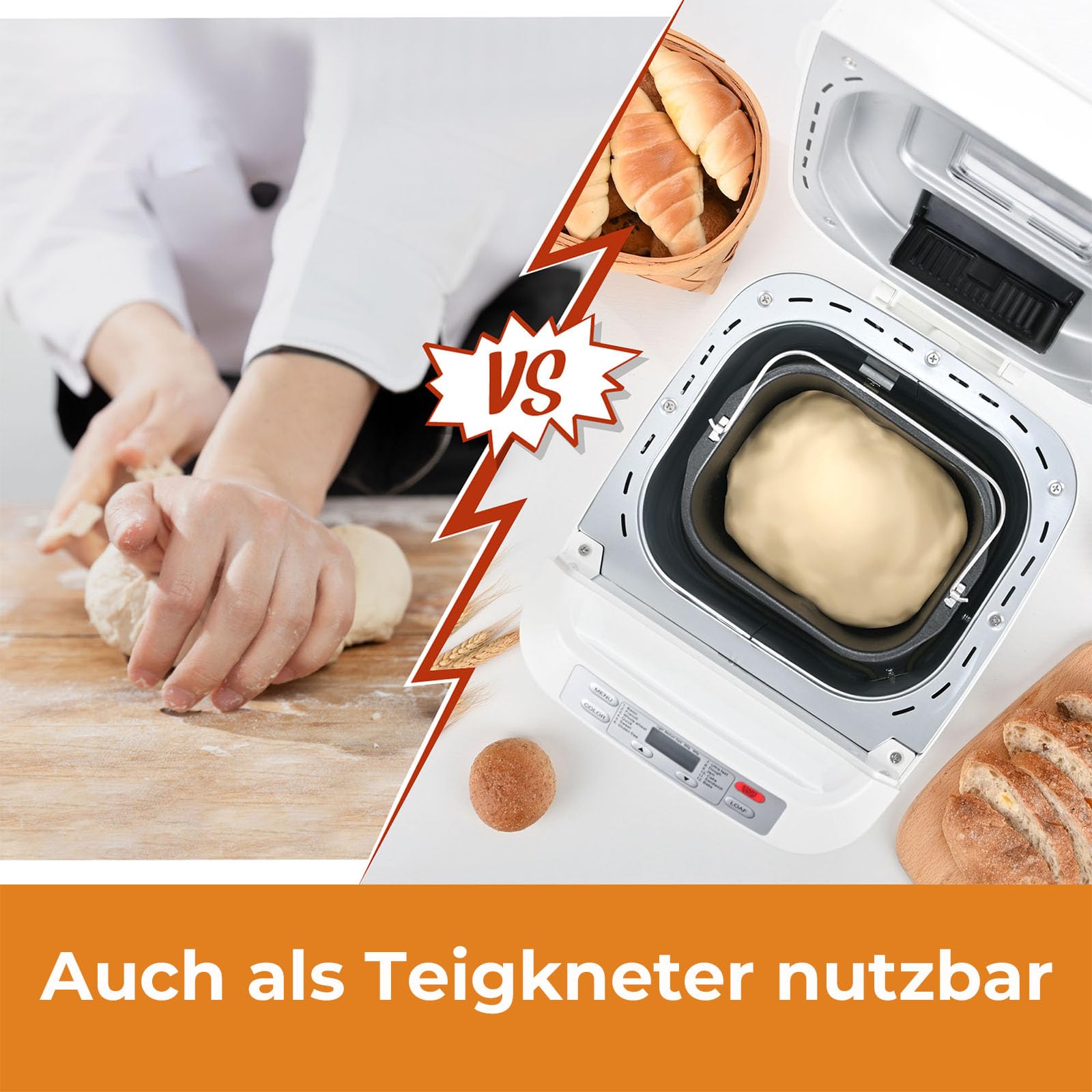 Kitchen in the box Brotbackautomat mit 12-in-1 Programmen, 2 Brotgrößen, 900g, Brotbackmaschine mit 13h Timer, Zutatenspender & Antihaft-Backform, Weiß