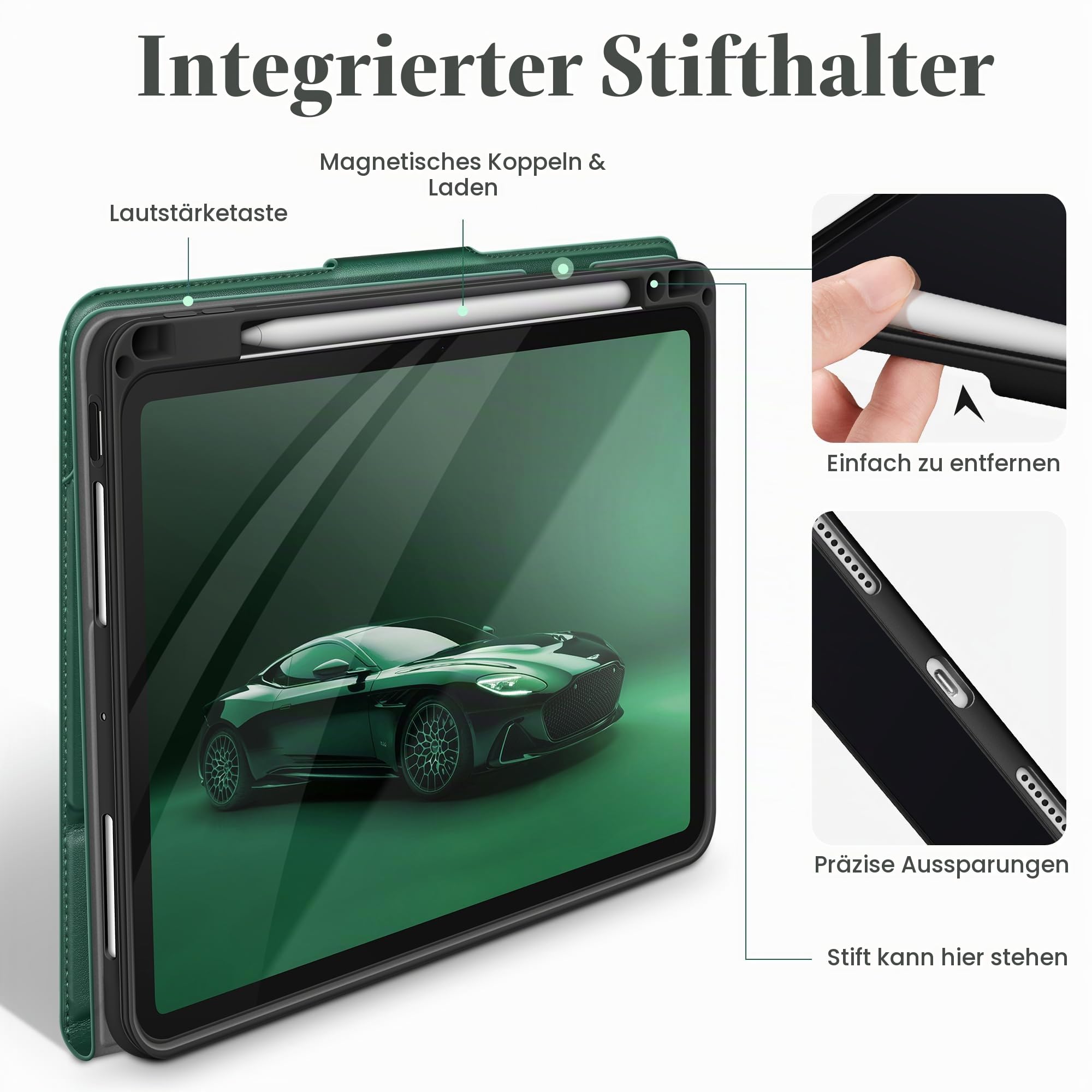 AUAUA Hülle für iPad Pro 11 Zoll (M5/M4) 2025/2024, mit Stifthalter und Tasche, Multi-Winkel Ständer, Magnetverschluss, Auto Wachen/Schlafen (Grün)