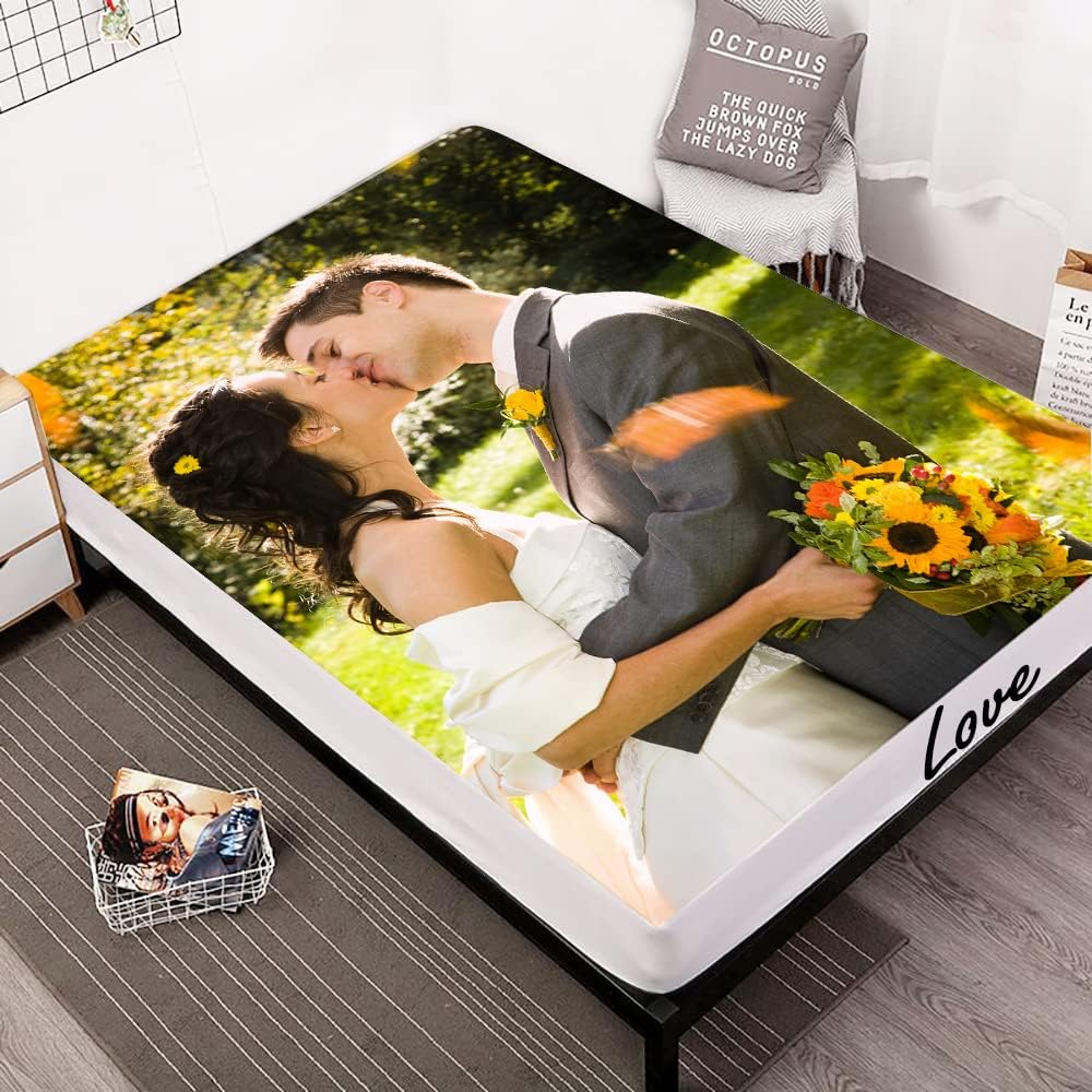 Personalised Fitted Sheet Bedding Sheets with Your Photo Image Picture, Customized Room Decor Fitted Sheet for Boys, Kids and Girls, Soft and Breathable,Queen,1 Photo
