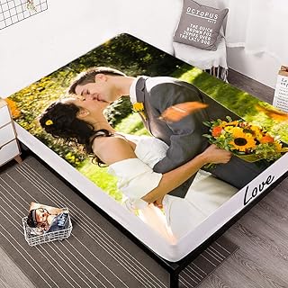 Custom Personalised Bedding Sheets with Your Photo Picture Image, Customized Boys Girl Kids Women Man Room Decor Twin Size Soft and Breathable Fitted Sheet, Kid Flat Sheet,Queen,1 Photo Text