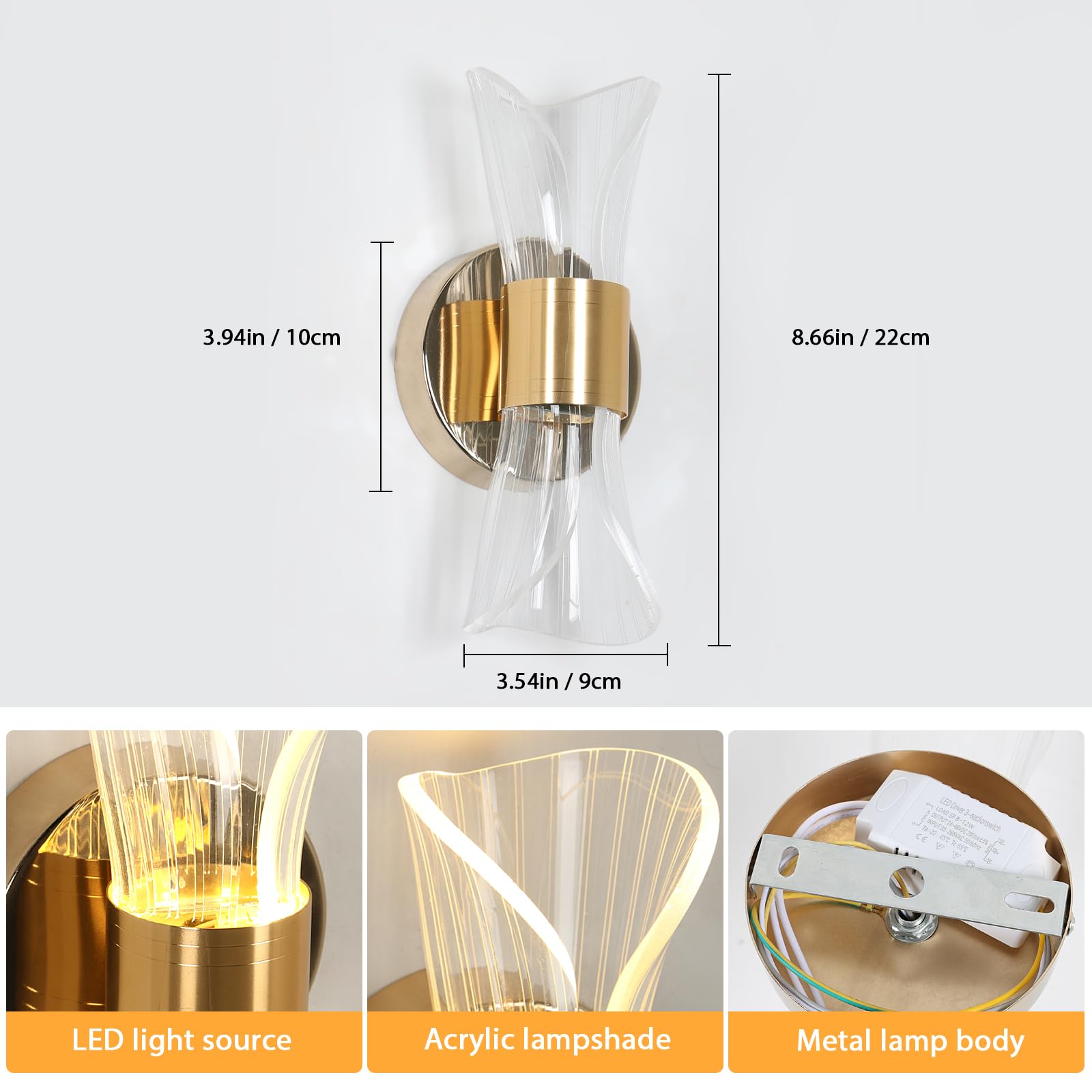 DELIPOP Applique Murale Intérieure, 12W Lampe Murale LED Moderne 3 Température de Couleur 3000K/4500K/6500K, Or Luminaire Mural en Acrylique pour Chambre, Salon, Couloir, Escalier