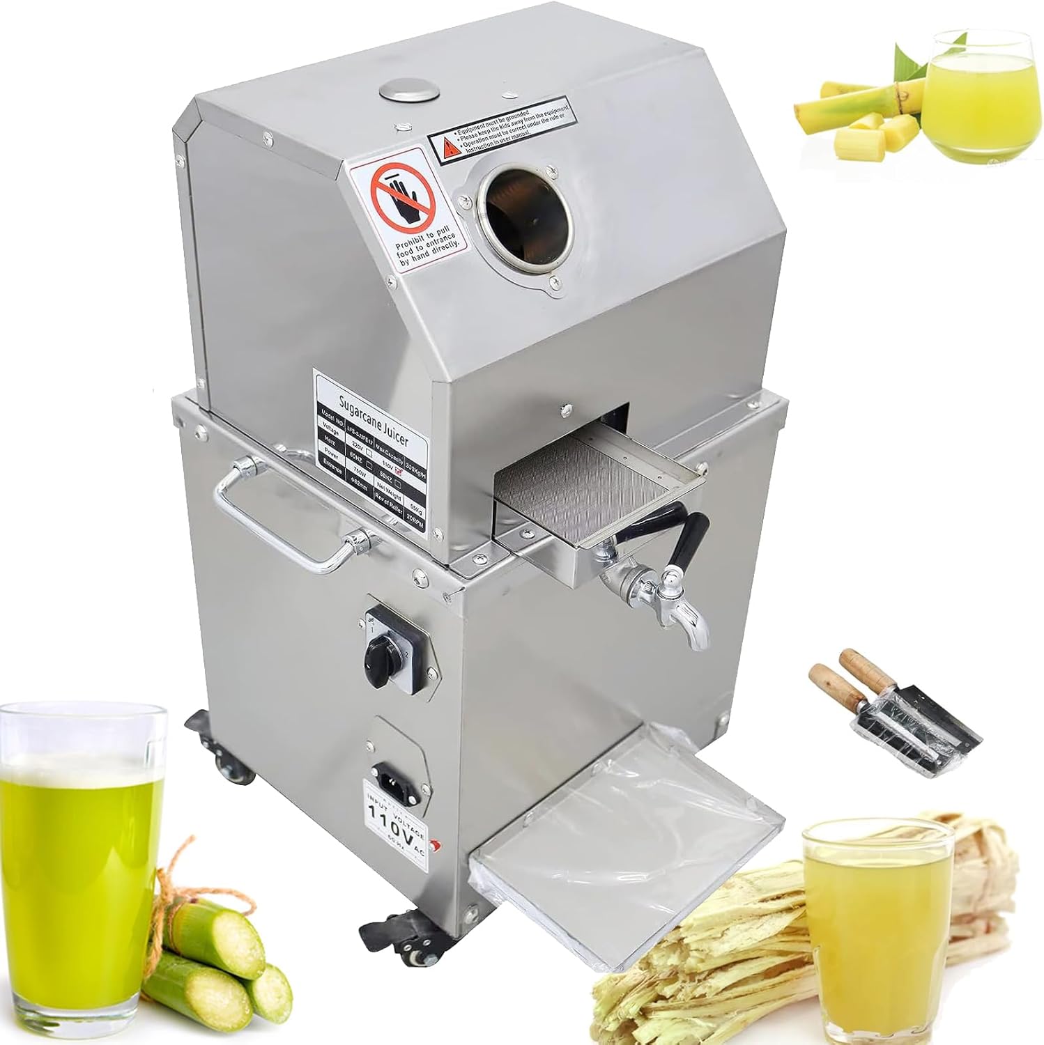 INTBUYING Electric Sugarcane Juicer 800W Sugar Cane Press Machine with 3 Stainless Steel Rollers 660LB/H Output 2.4" Inlet Sugarcane Juice Extractor Squeezer with Brake wheels for Commercial Home