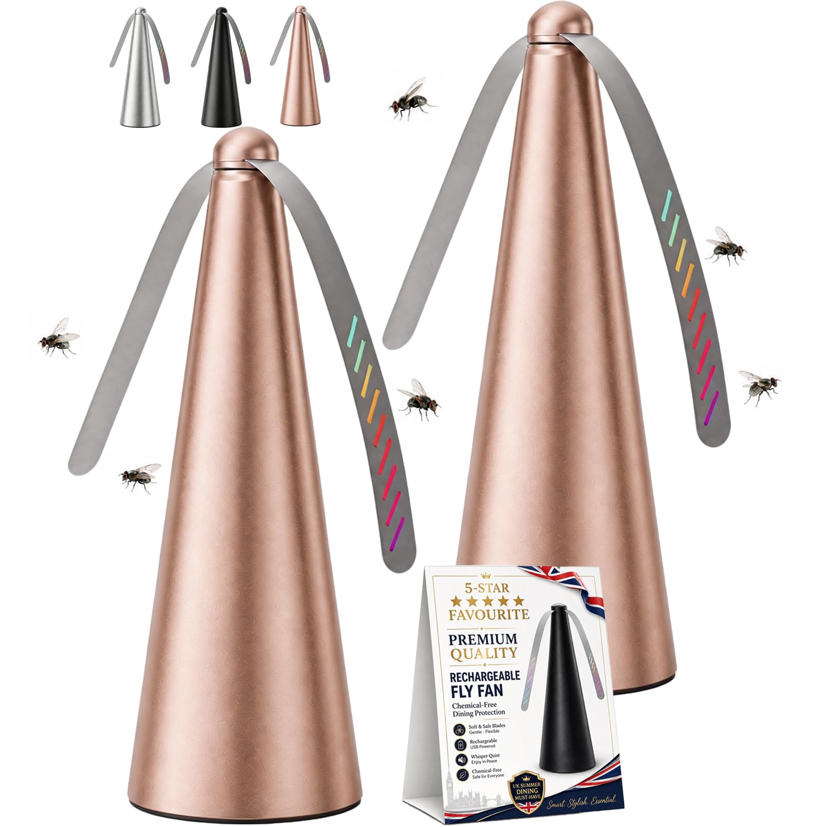 ZHENWO USB Rechargeable Fly Repellent Fan, Fly Deterrent for Table, Double Side Soft Holographic Blades, Portable Effective Fly Repellents Fan for Indoor & Outdoor Picnic, Party Use (Gold-2PCS)