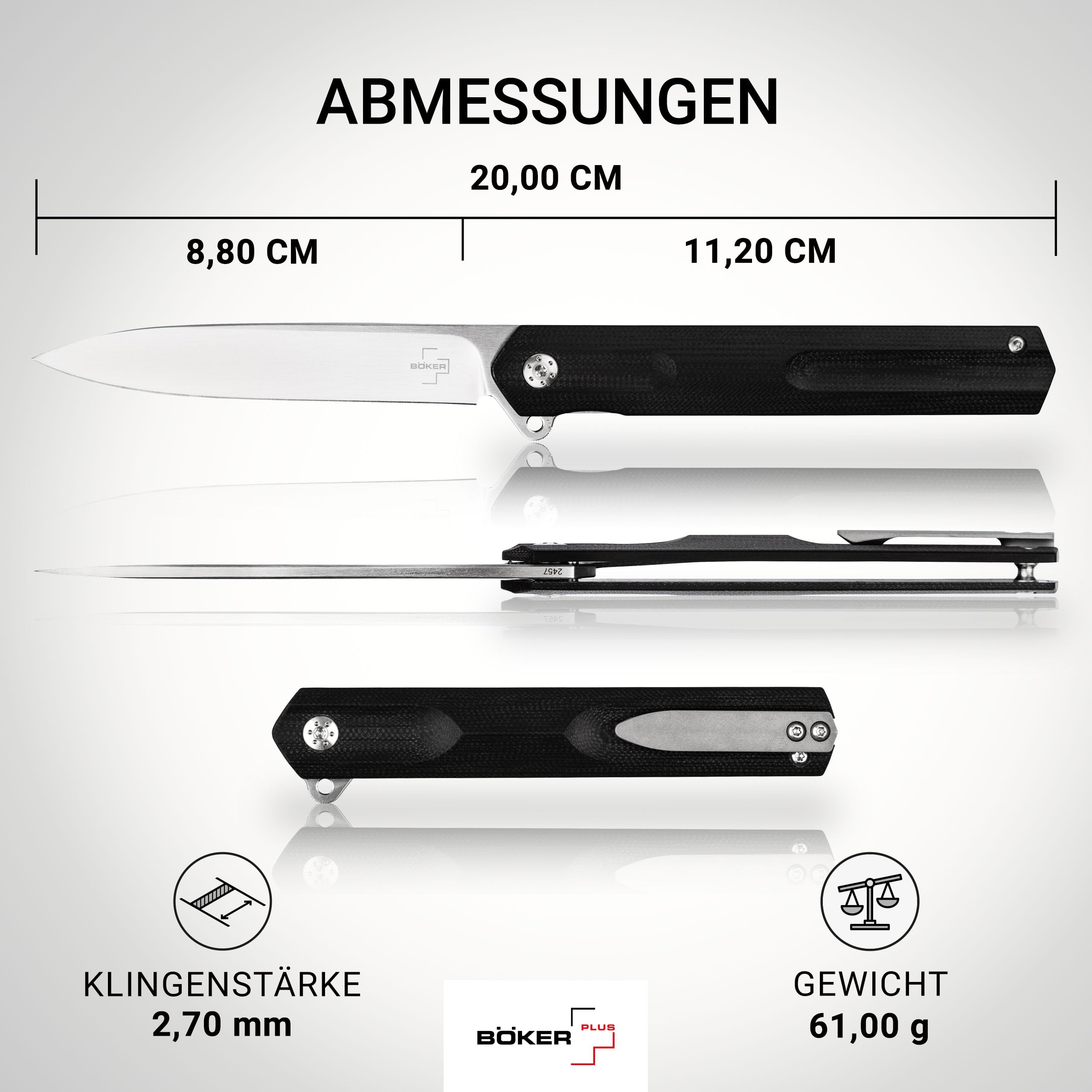 BÖKER PLUS® Kyoto - klappbares Gentleman Taschenmesser mit Clip - Flipper Einhandmesser mit D2 Droppoint Klinge - schmales Klappmesser mit G10 Griff schwarz im Japan Stil mit Etui