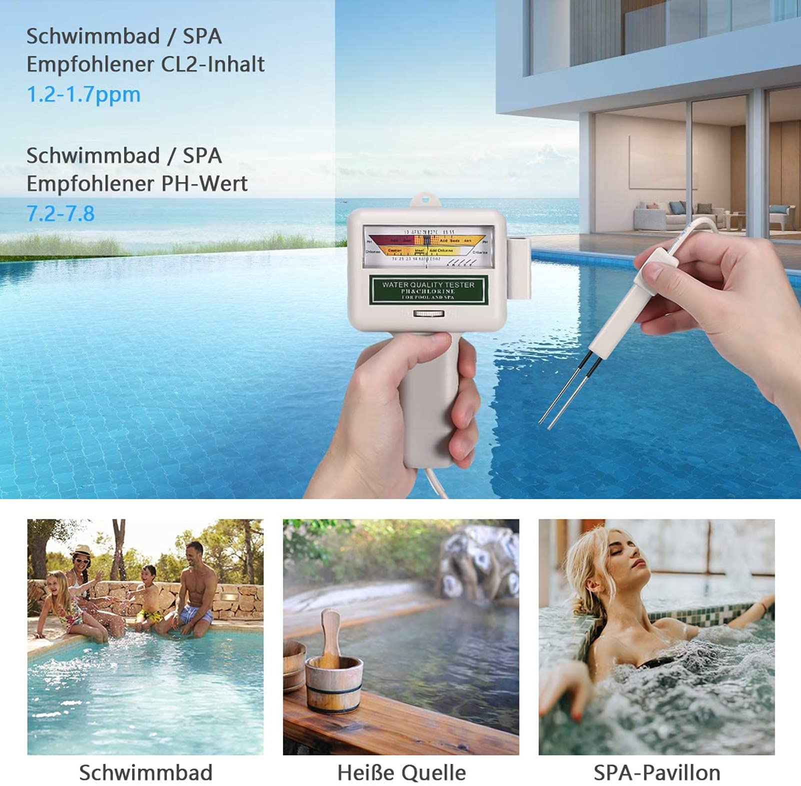 Misuratore di Cloro PH, Misuratore di Cloro E PH 2 in 1 per Piscina, Test dell'Acqua Misuratore di PH Elettronico Digitale Misuratore di Cloro per Piscina Spa Piscina per Acqua Potabile